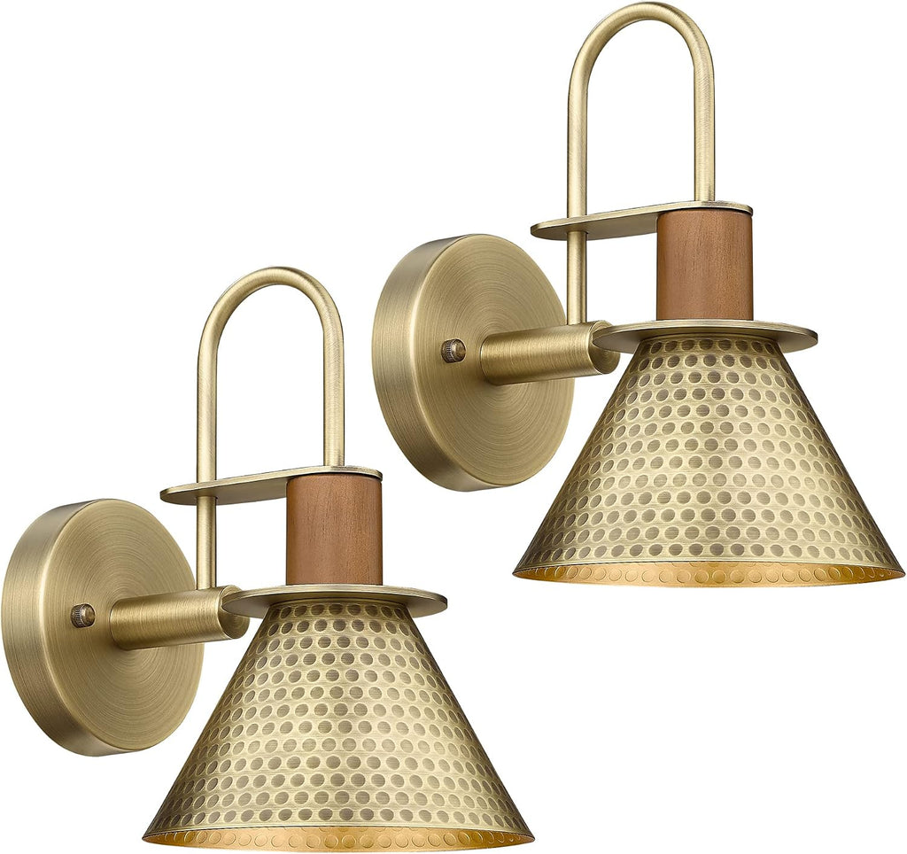 Brass Wall Sconces Set of Two, HWH Industrial Wall Light Fixtures Gold Barn Light, Single Wall Lamp for Bedroom Bedside Bathroom Kitchen, Hammered Metal Shade, Antique Brass, 5HZG74B-2 BG