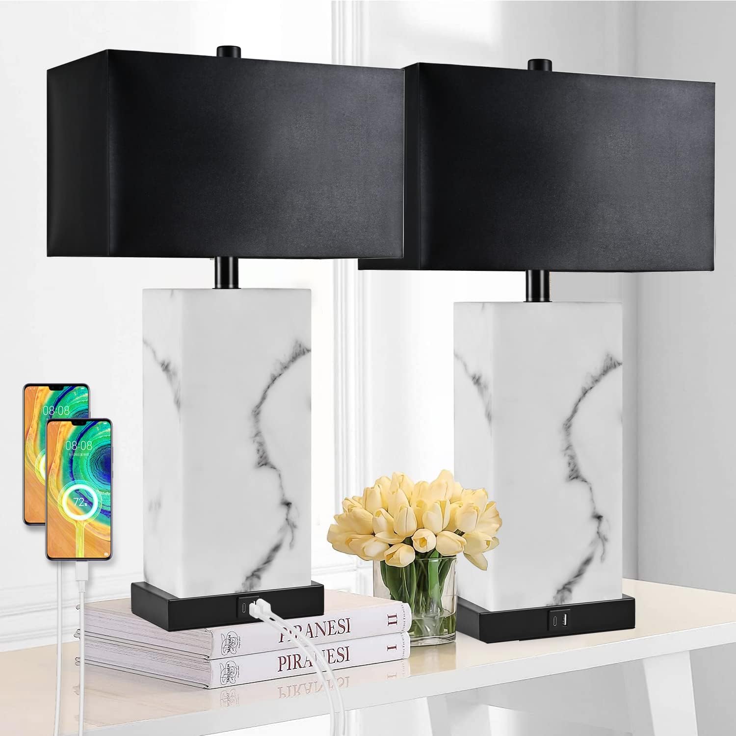 2 Pack Black Touch Dimmable Table Lamps with USB & Faux Silk Shade