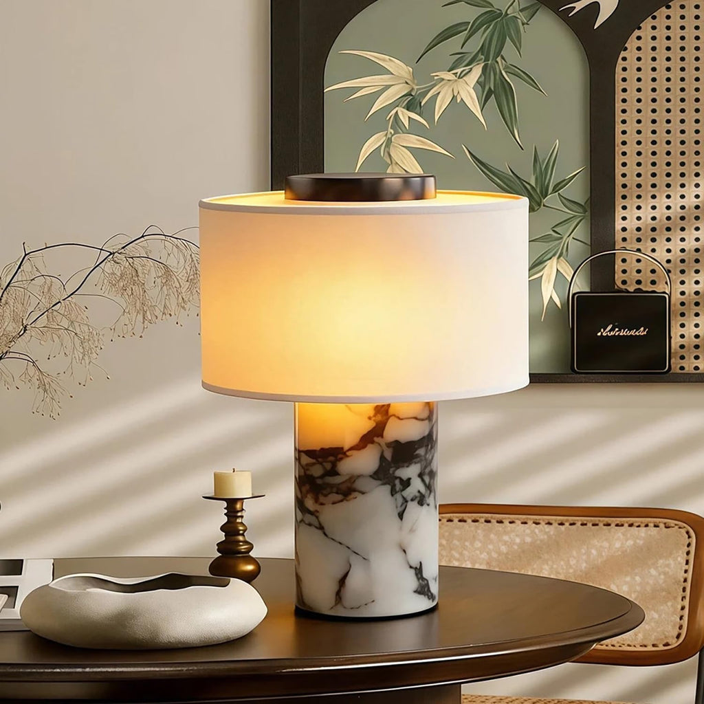 Rechargeable Cordless Marble Touch Table Lamp with USB & Linen Shade