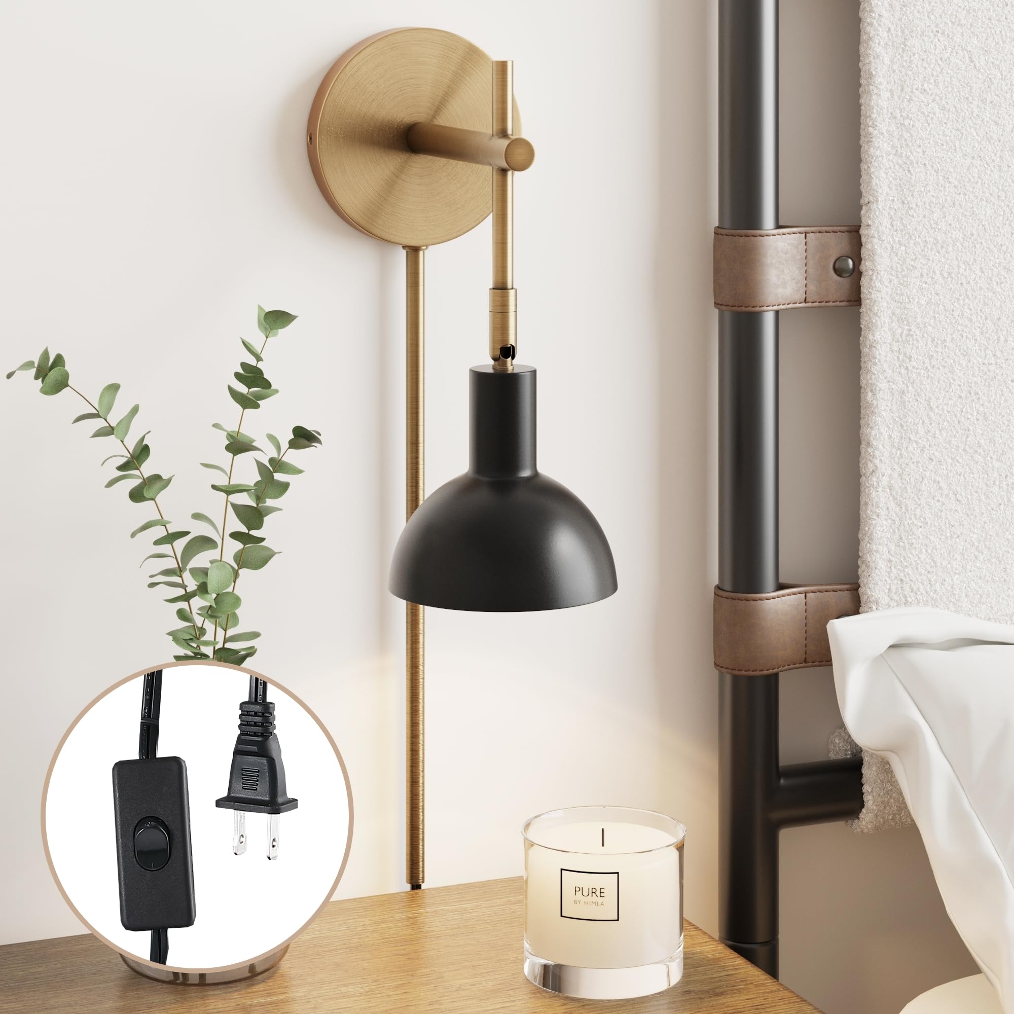 Nathan James Millie Plug-in Wall Sconce, Wall Mounted Bedside Reading Lamp with Cotton Shade and Brass Back Plate