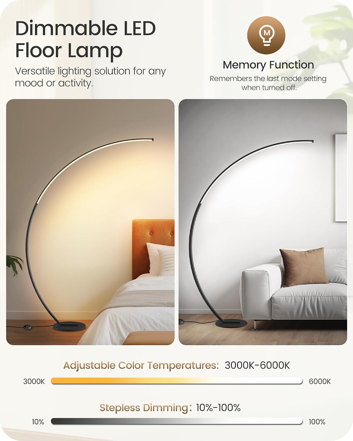 Dimmable LED Arc Floor Lamp with Remote & Foot Switch