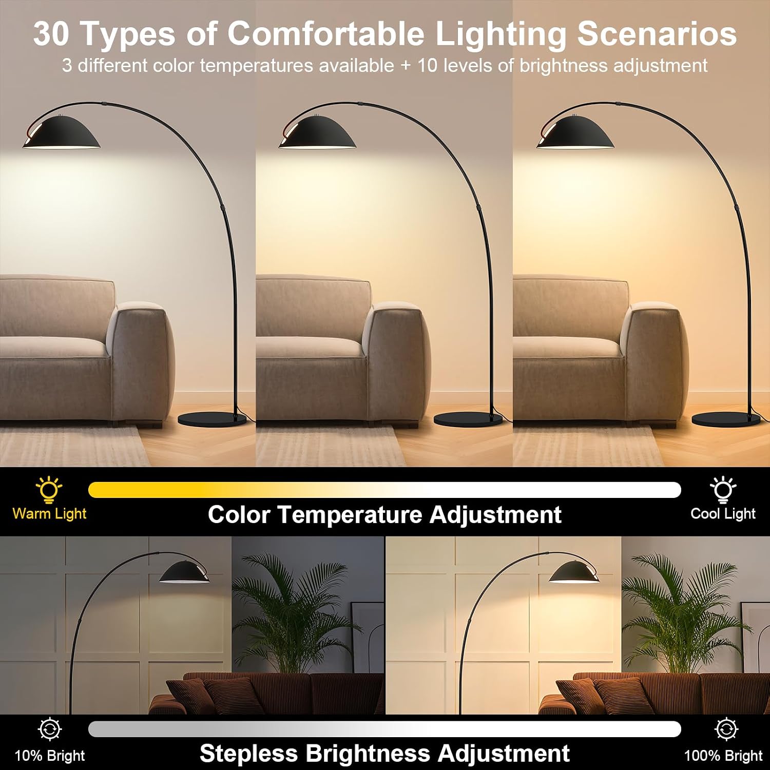 Black Dimmable LED Arc Floor Lamp with Remote
