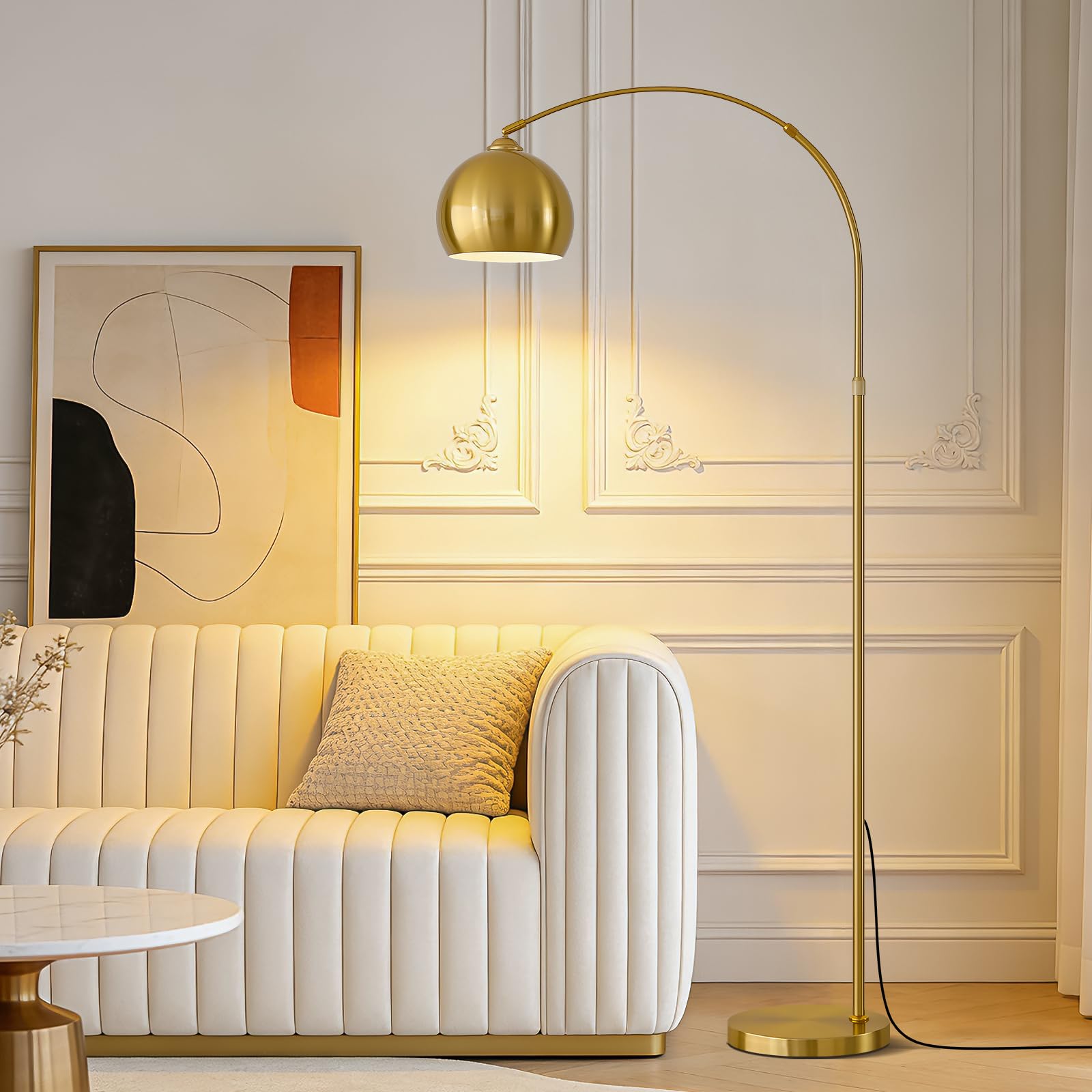 Brushed Gold Arc Floor Lamp 71" Tall, Dimmable 12W LED Smart Standing Lamp with Remote, 360° Rotatable Adjustable Height & Span, Elegant Floor Lamp for Living Room, Bedroom, Office, Library