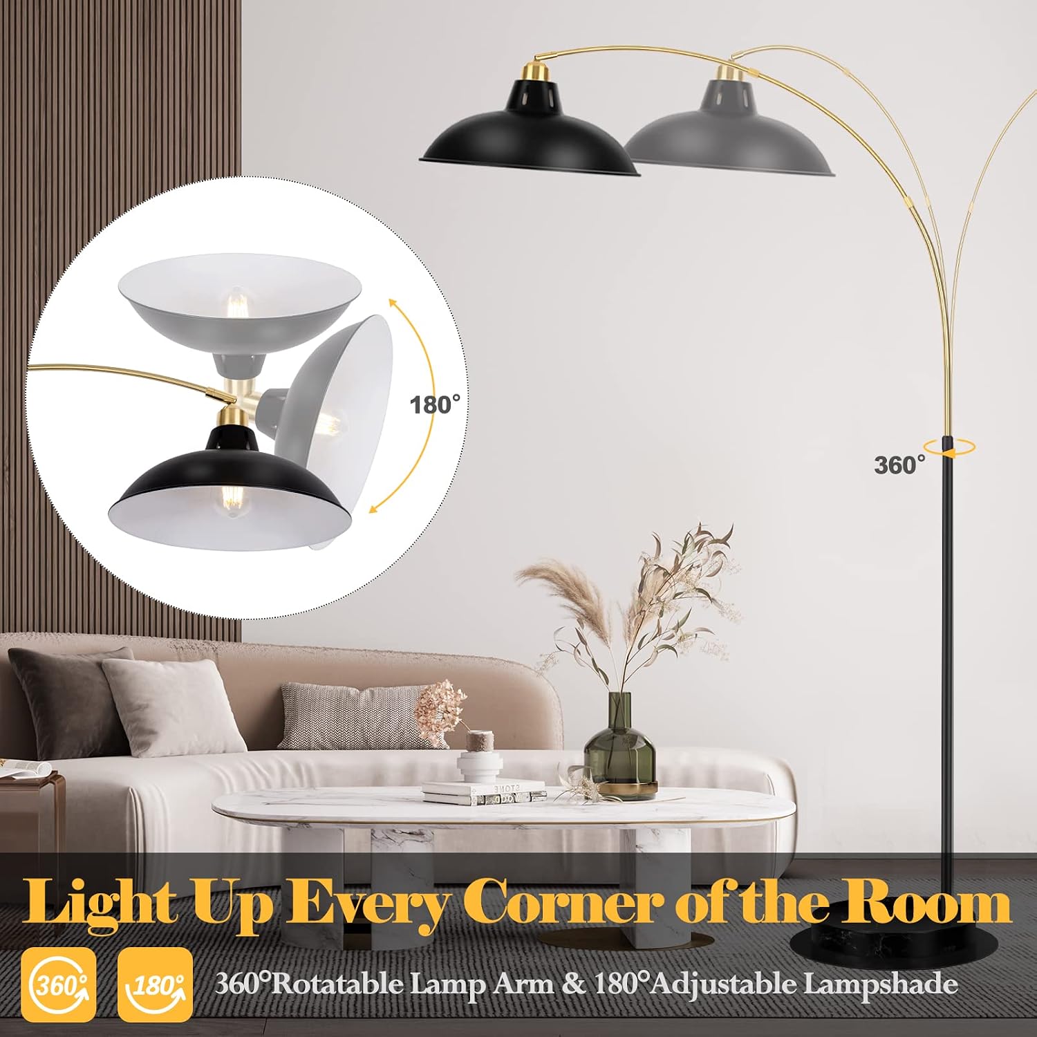 Black Gold Marble Base Rotatable Arc Floor Lamp