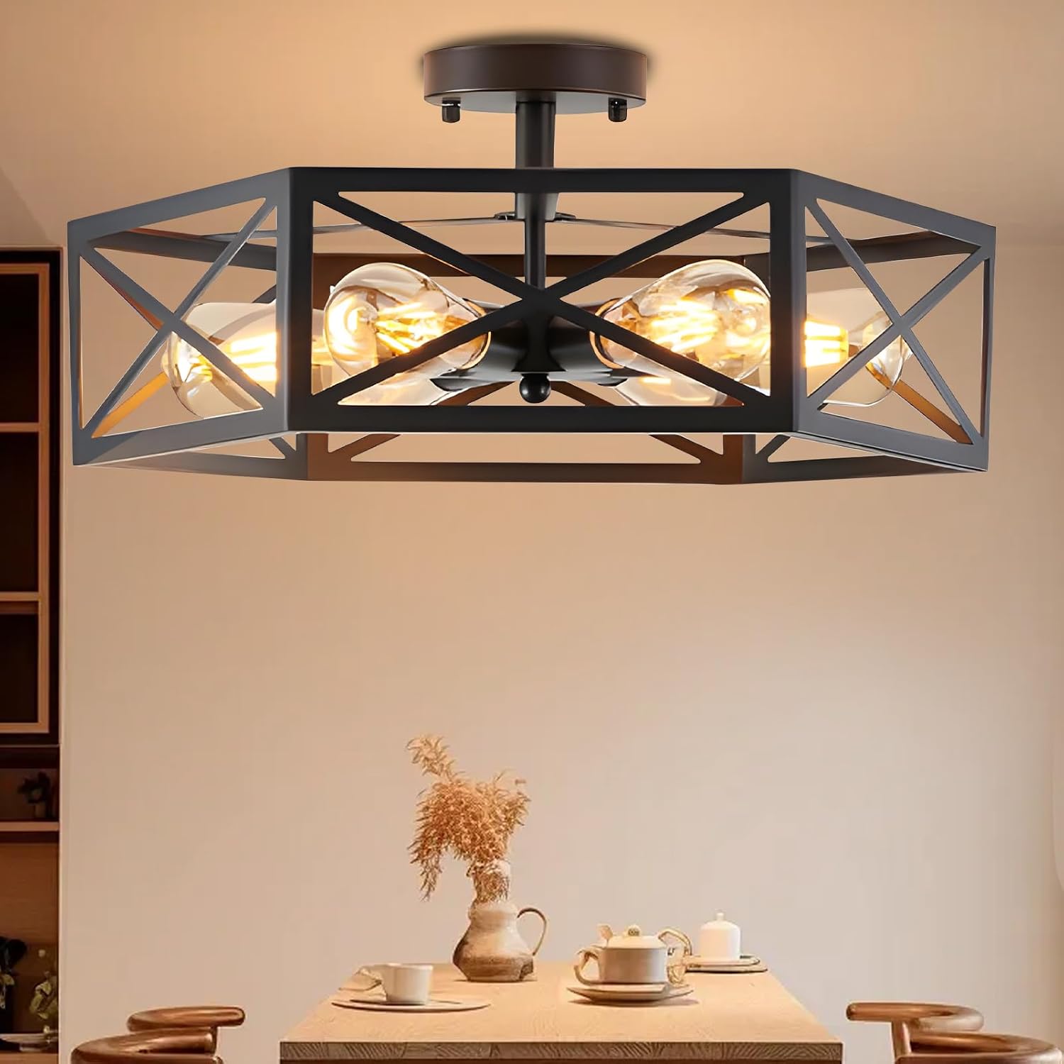 Gugxiom 6 Light Semi Flush Mount Ceiling Light, Modern Farmhouse Living Room Light Fixture, Black Light Fixture, Modern Metal Hexagon Cage Ceiling Lamp for Kitchen Bathroom (6