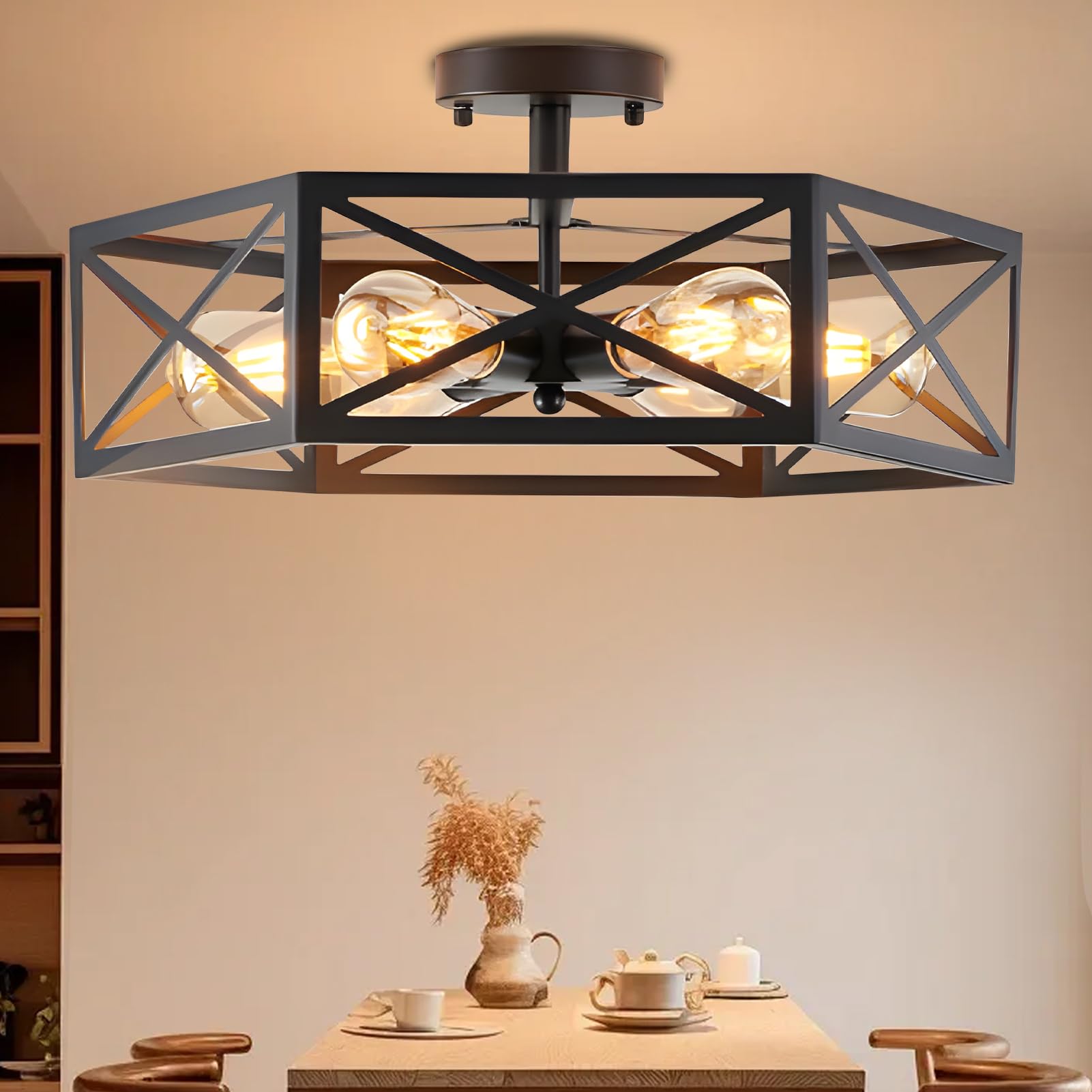 Gugxiom 6 Light Semi Flush Mount Ceiling Light, Modern Farmhouse Living Room Light Fixture, Black Light Fixture, Modern Metal Hexagon Cage Ceiling Lamp for Kitchen Bathroom (6