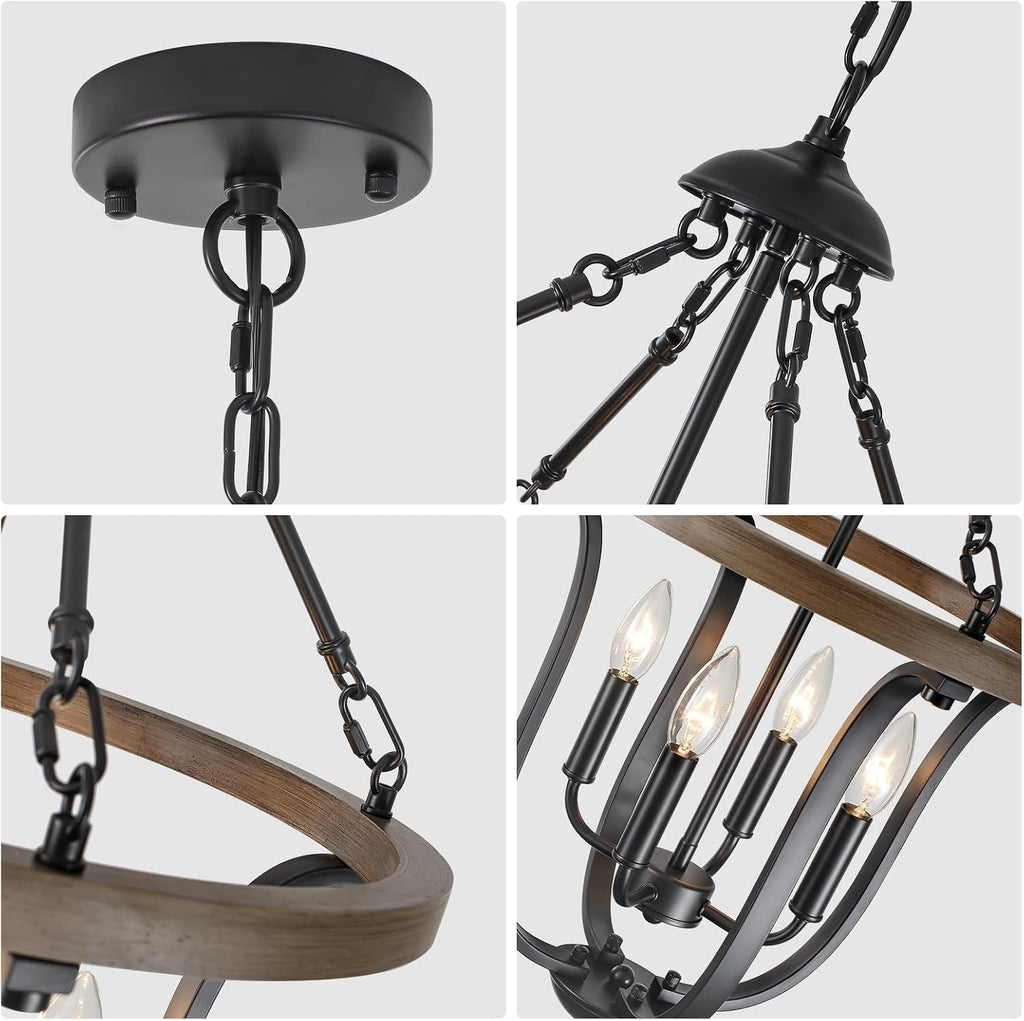 Black Farmhouse Chandelier for Dining Room, 4-Light Rustic Wood Chandelier with Industrial Cage, Pendant Light Fixture for Kitchen Island, Living Room, Entryway, Foyer, Bedroom, Hallway