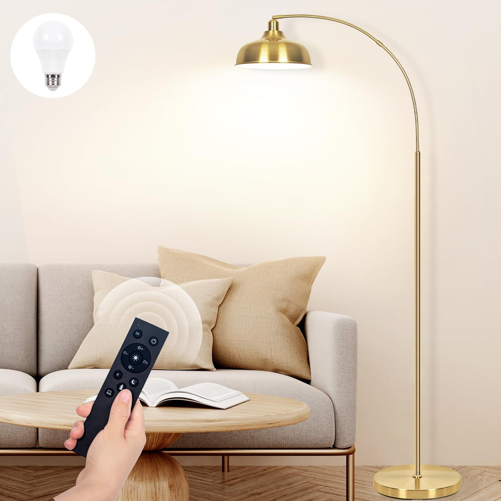 Arch Floor Lamps with Remote - Dimmable Floor Lamp 70”, Black Tall Lamp with 360° Adjustable Hanging Metal Shade, Arc Lamps Floor Standing with 9W Bulb, Over Couch Lamps for Living Room, Foot Switch