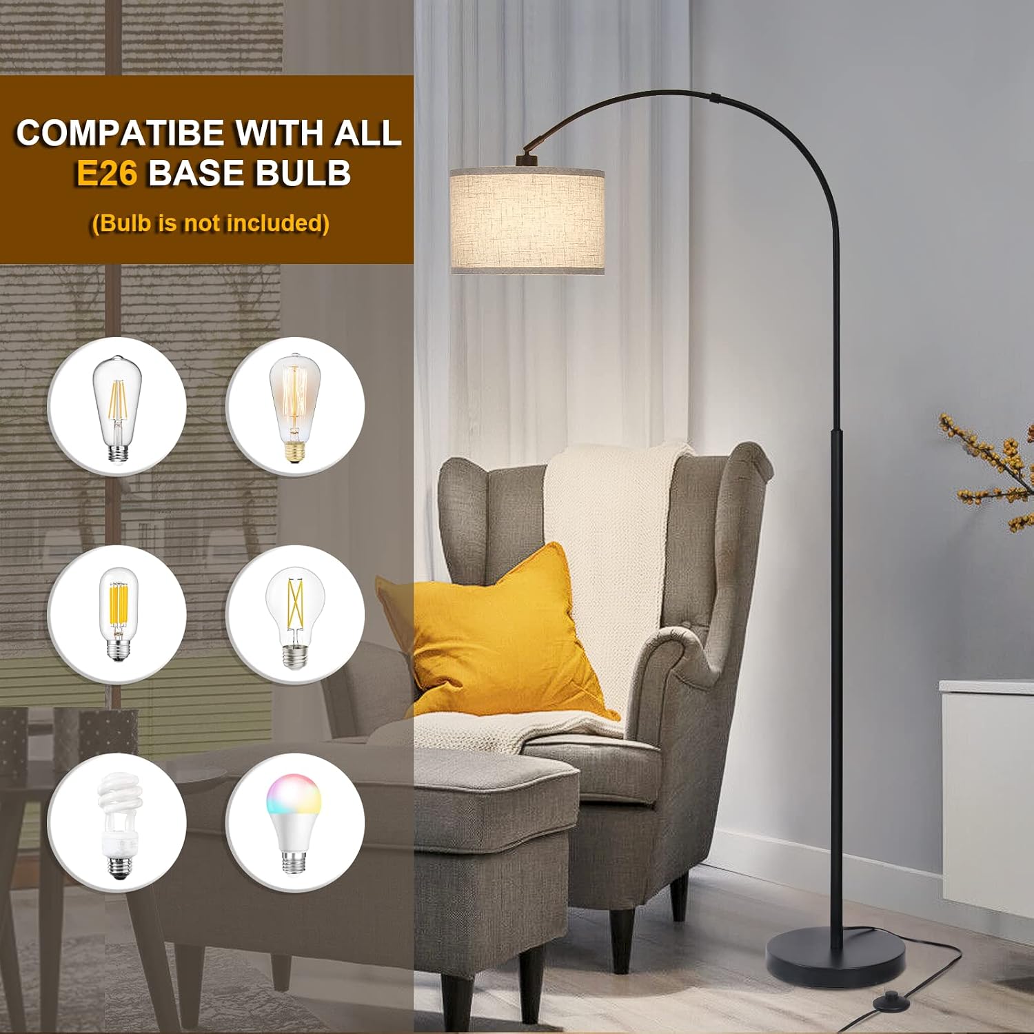 Village Black Arc Floor Lamp with Adjustable Drum Shade