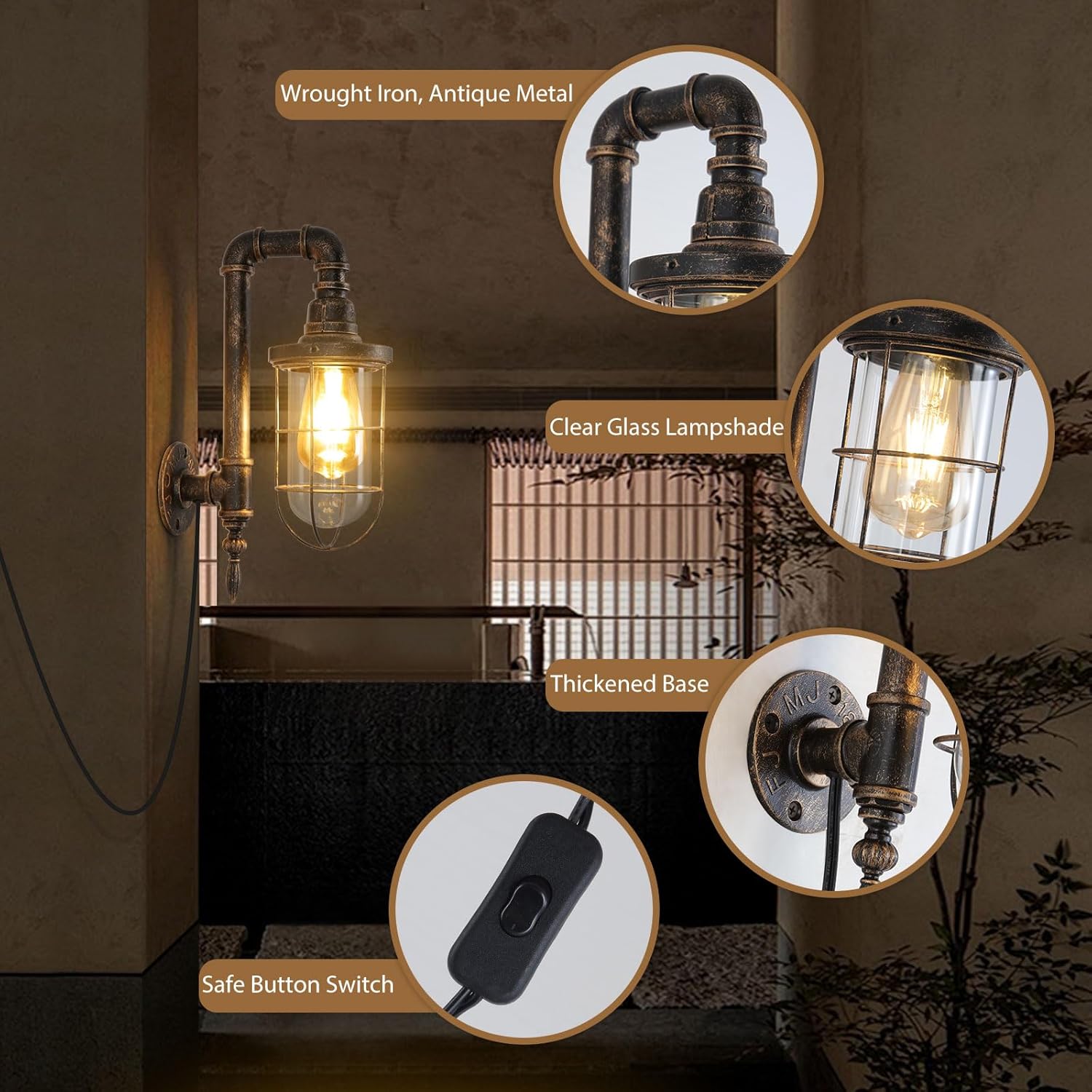 Plug-in Rustic Wall Sconces 2 Pack