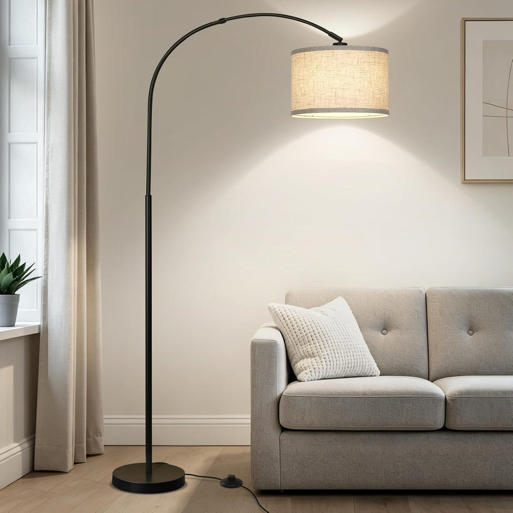 Village Black Arc Floor Lamp with Adjustable Drum Shade