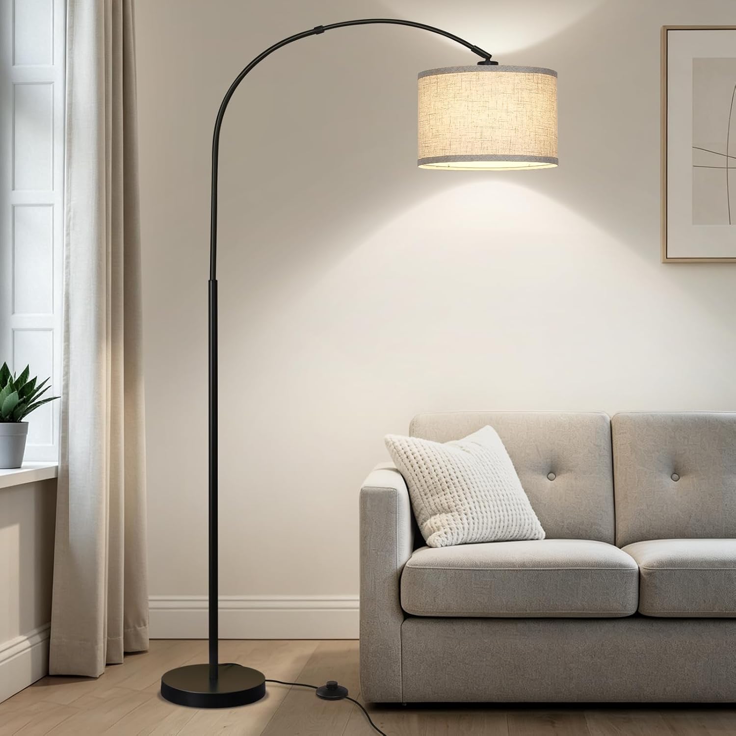 Village Black Arc Floor Lamp with Adjustable Drum Shade