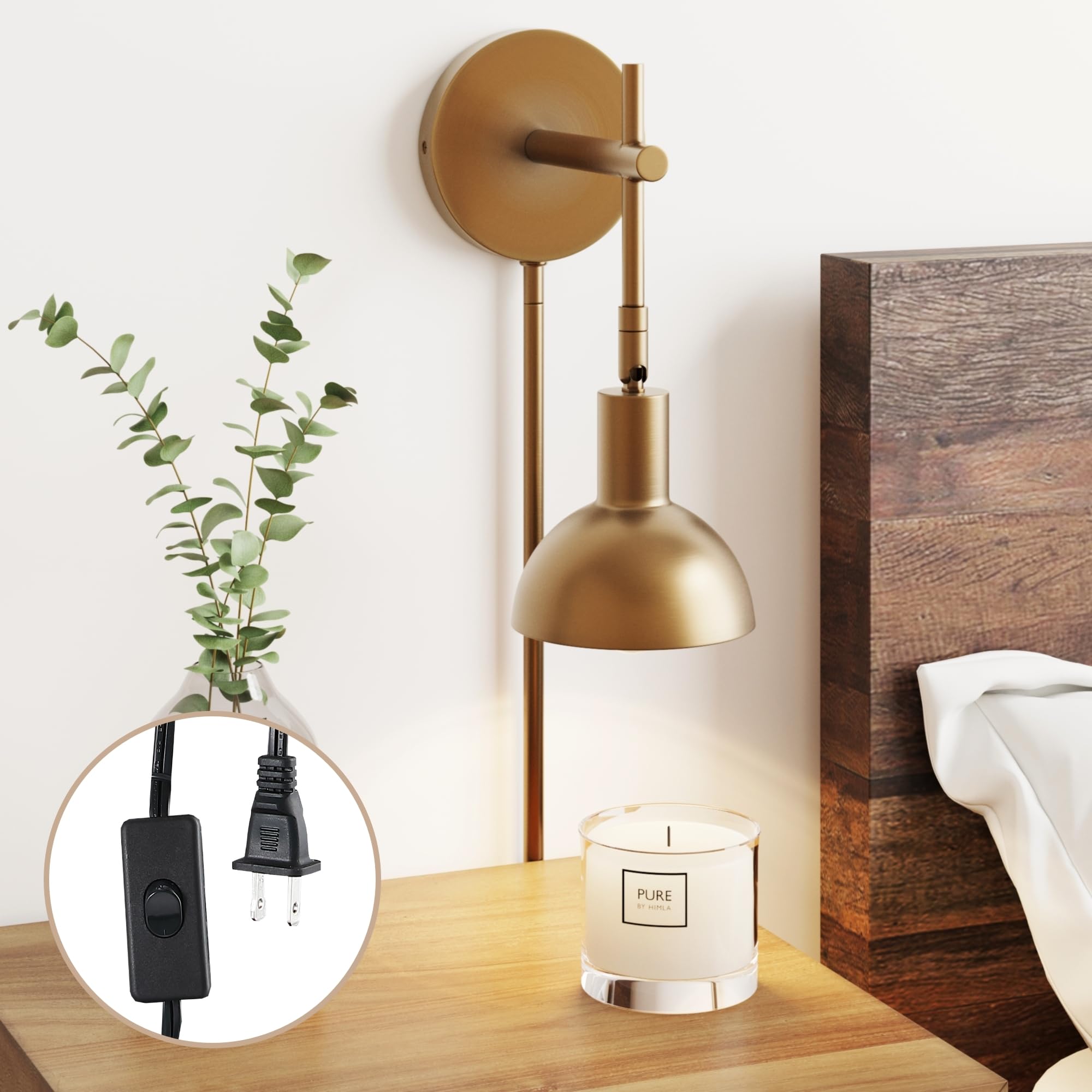 Nathan James Millie Plug-in Wall Sconce, Wall Mounted Bedside Reading Lamp with Cotton Shade and Brass Back Plate