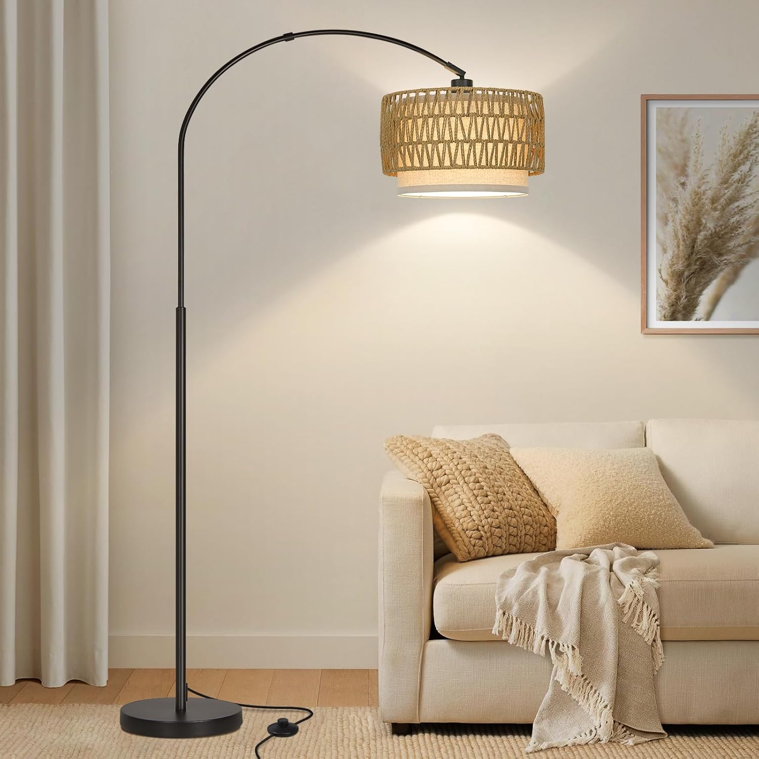 Rattan Farmhouse Arc Floor Lamp