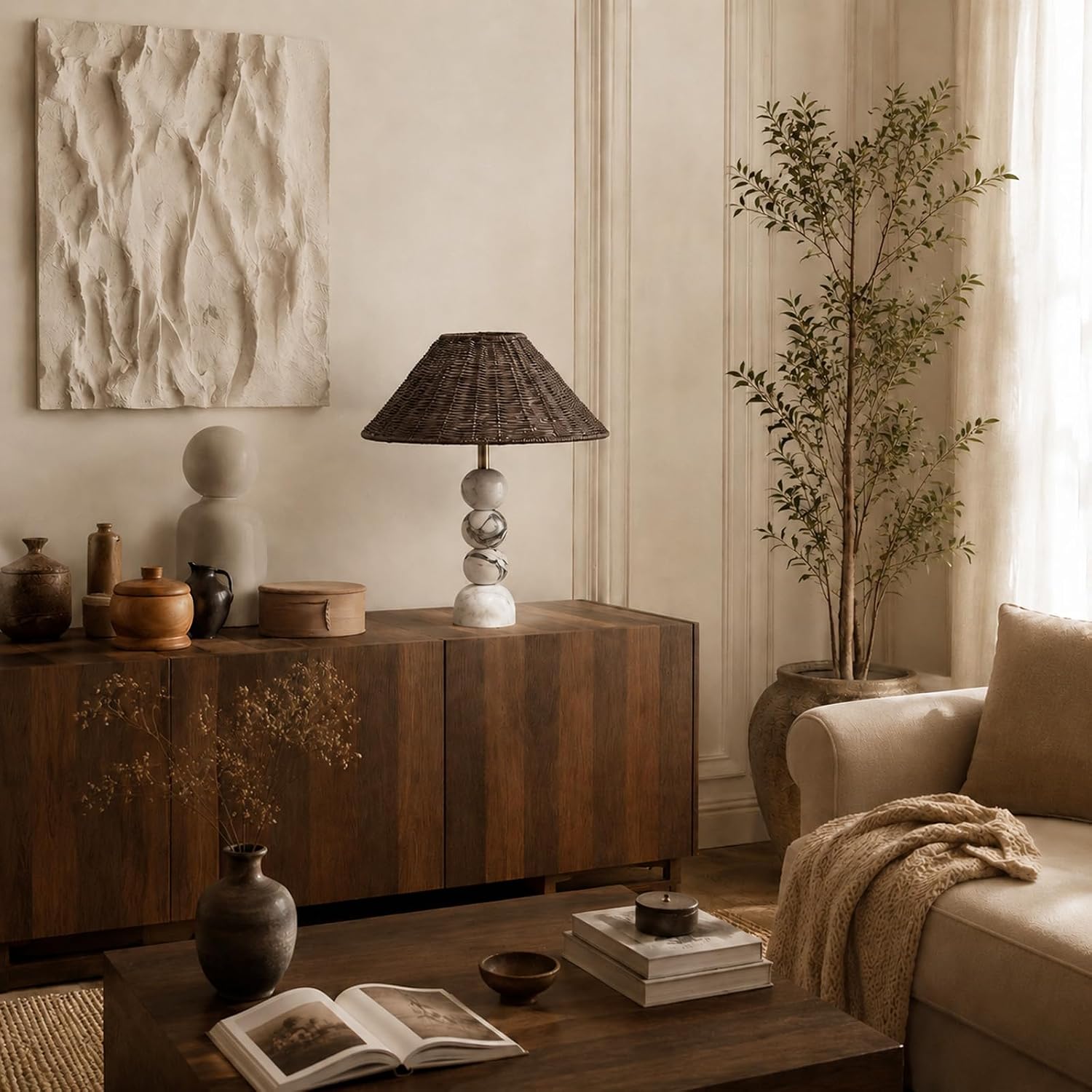 Calacatta Marble Table Lamp with Rattan Wicker Shade, Farmhouse Style
