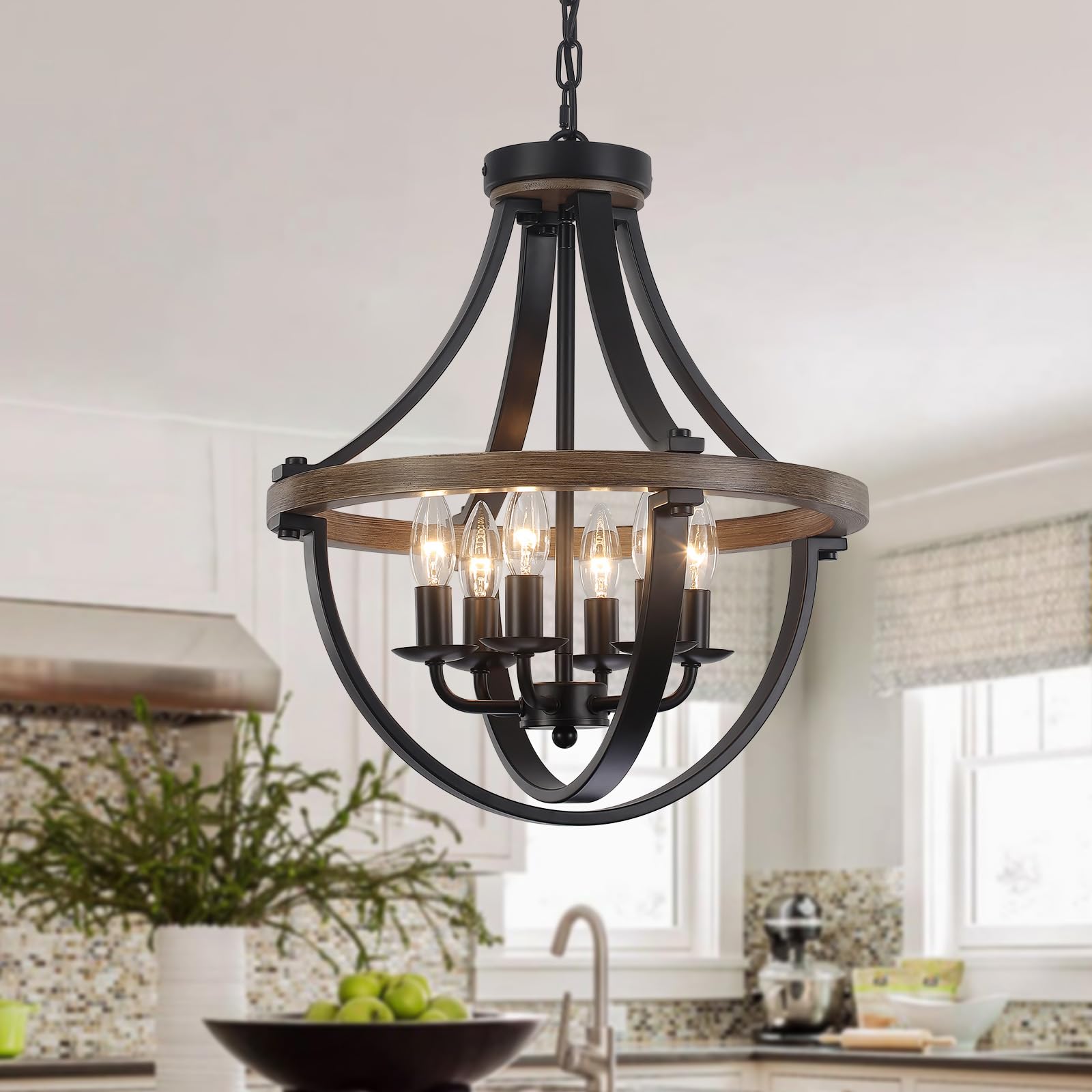 Black Farmhouse Chandelier for Dining Room, 4-Light Rustic Wood Chandelier with Industrial Cage, Pendant Light Fixture for Kitchen Island, Living Room, Entryway, Foyer, Bedroom, Hallway