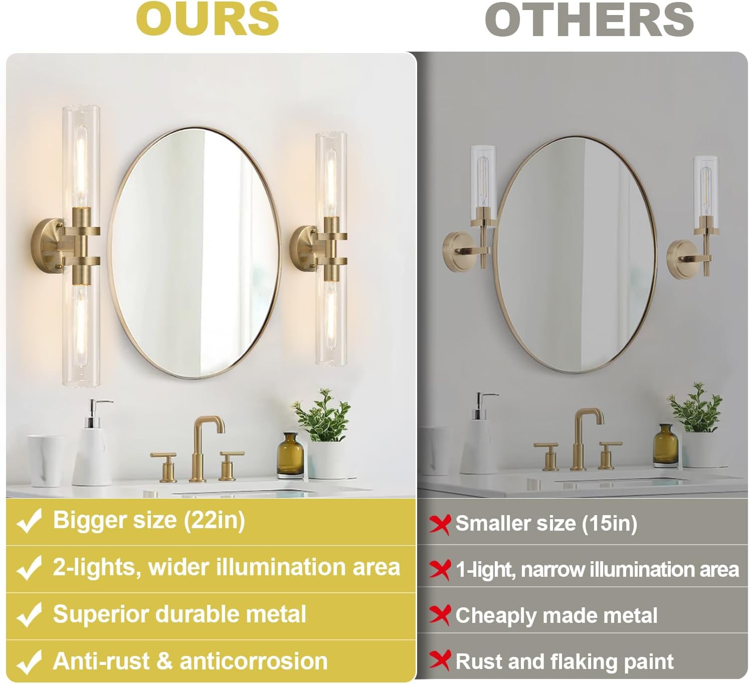 Brass Glass Bathroom Wall Sconces 2pc