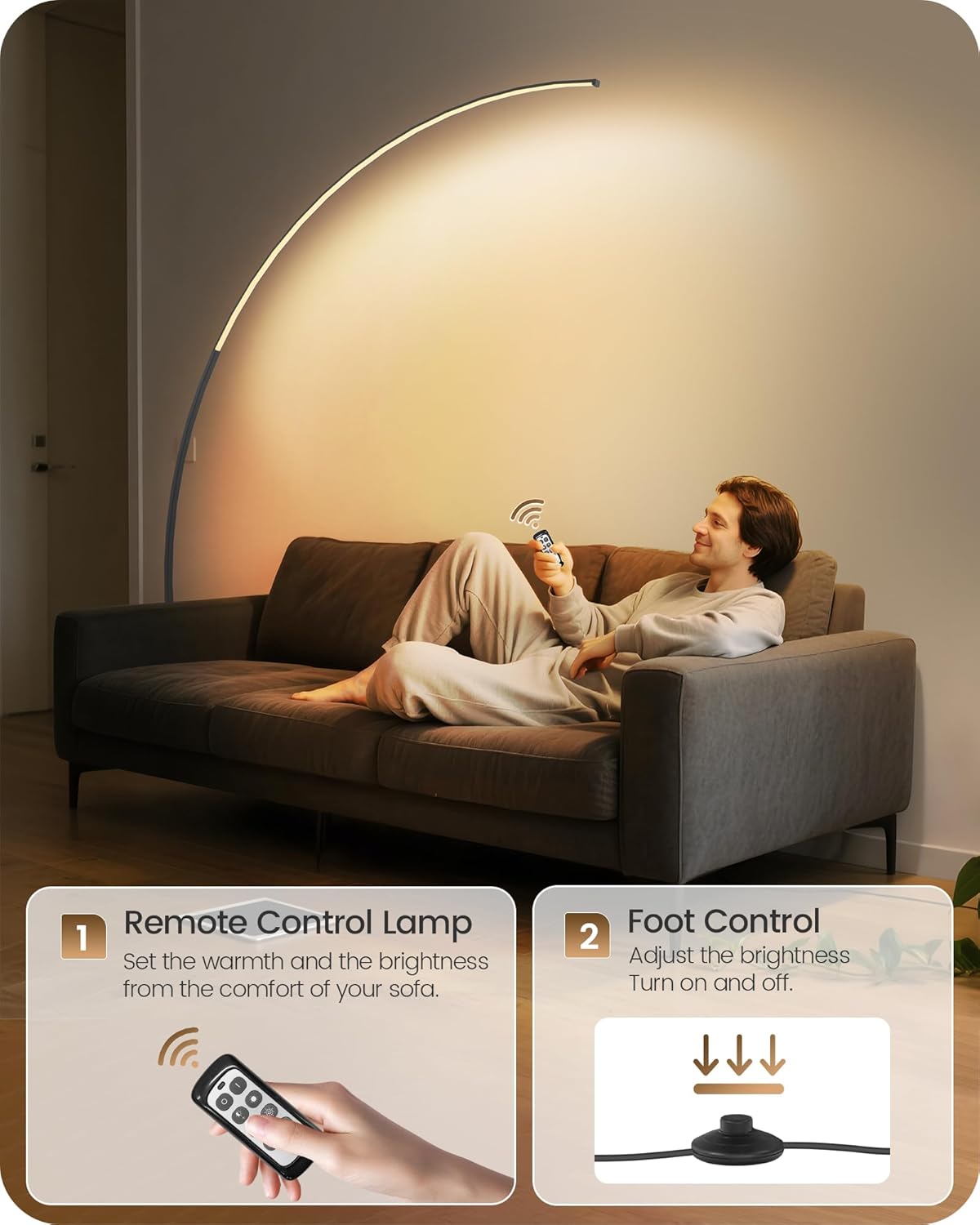 Dimmable LED Arc Floor Lamp with Remote & Foot Switch
