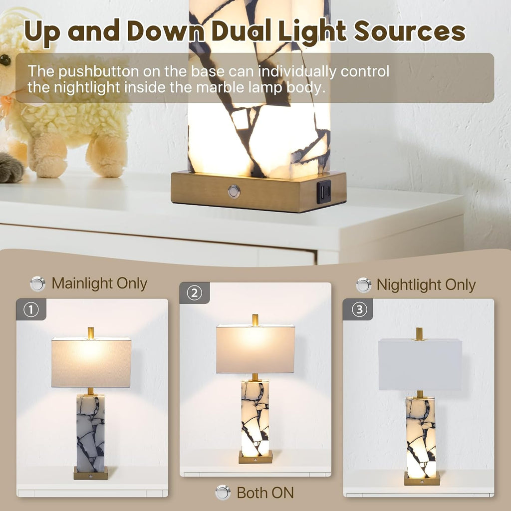2 Pack Natural Marble Alabaster Table Lamps with USB & 3 Color Nightlight