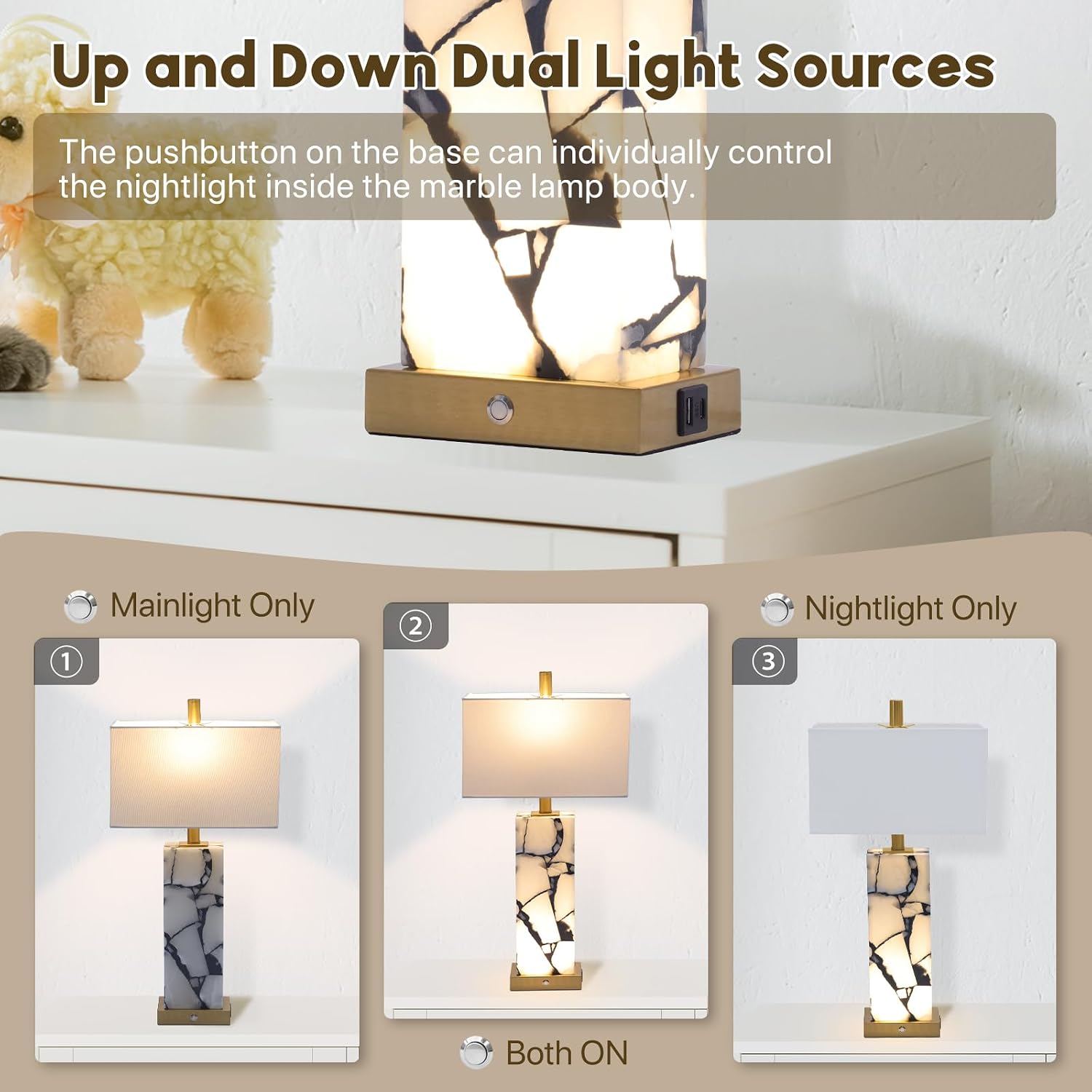 2 Pack Natural Marble Alabaster Table Lamps with USB & 3 Color Nightlight