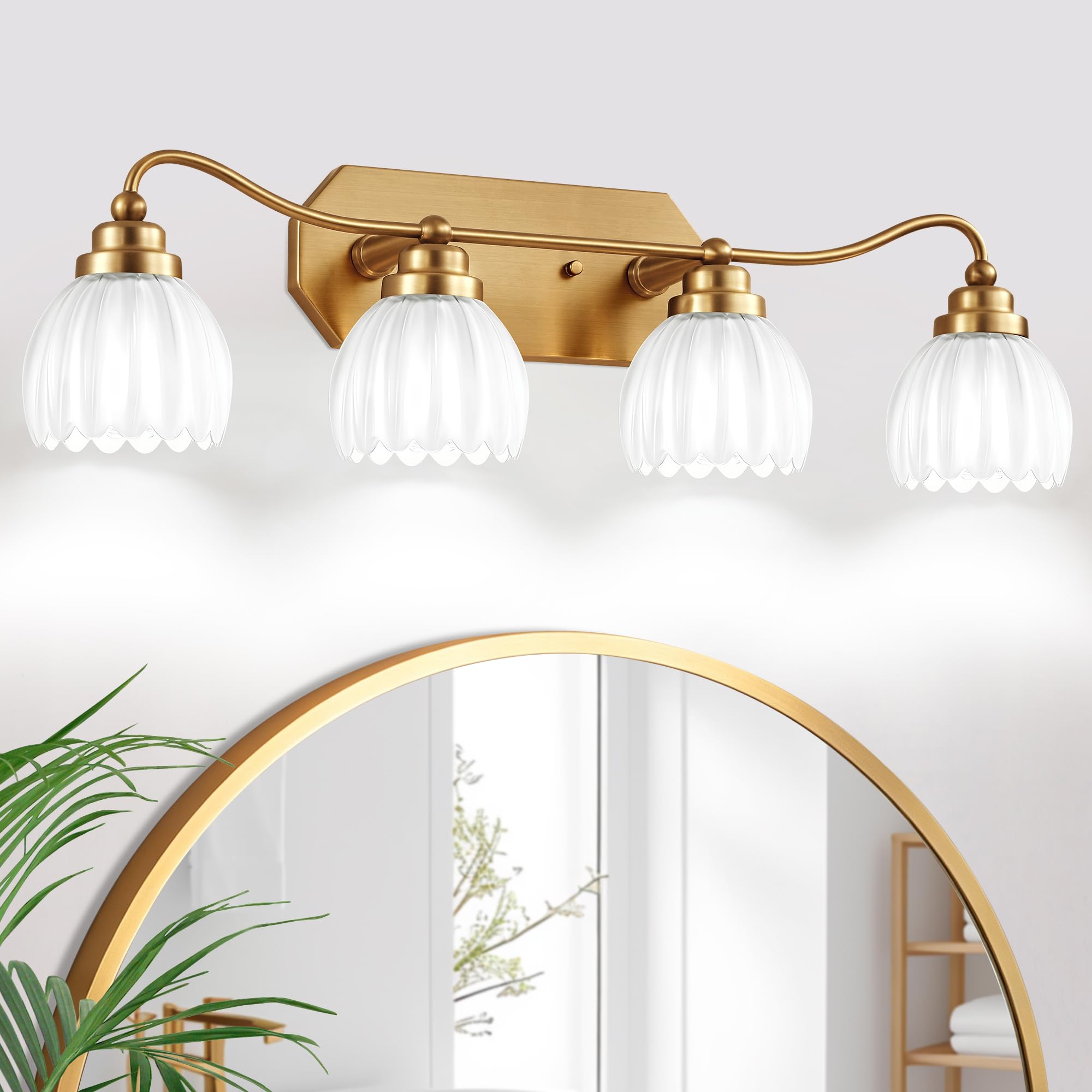 Vintage Bathroom Light Fixtures, Gold Bathroom Vanity Light, Matte Antique Brass Finish with Crystal Glass Shade, Wall Sconces Lighting for Bedroom, Living Room, Hallway (Gold, 3-Light)
