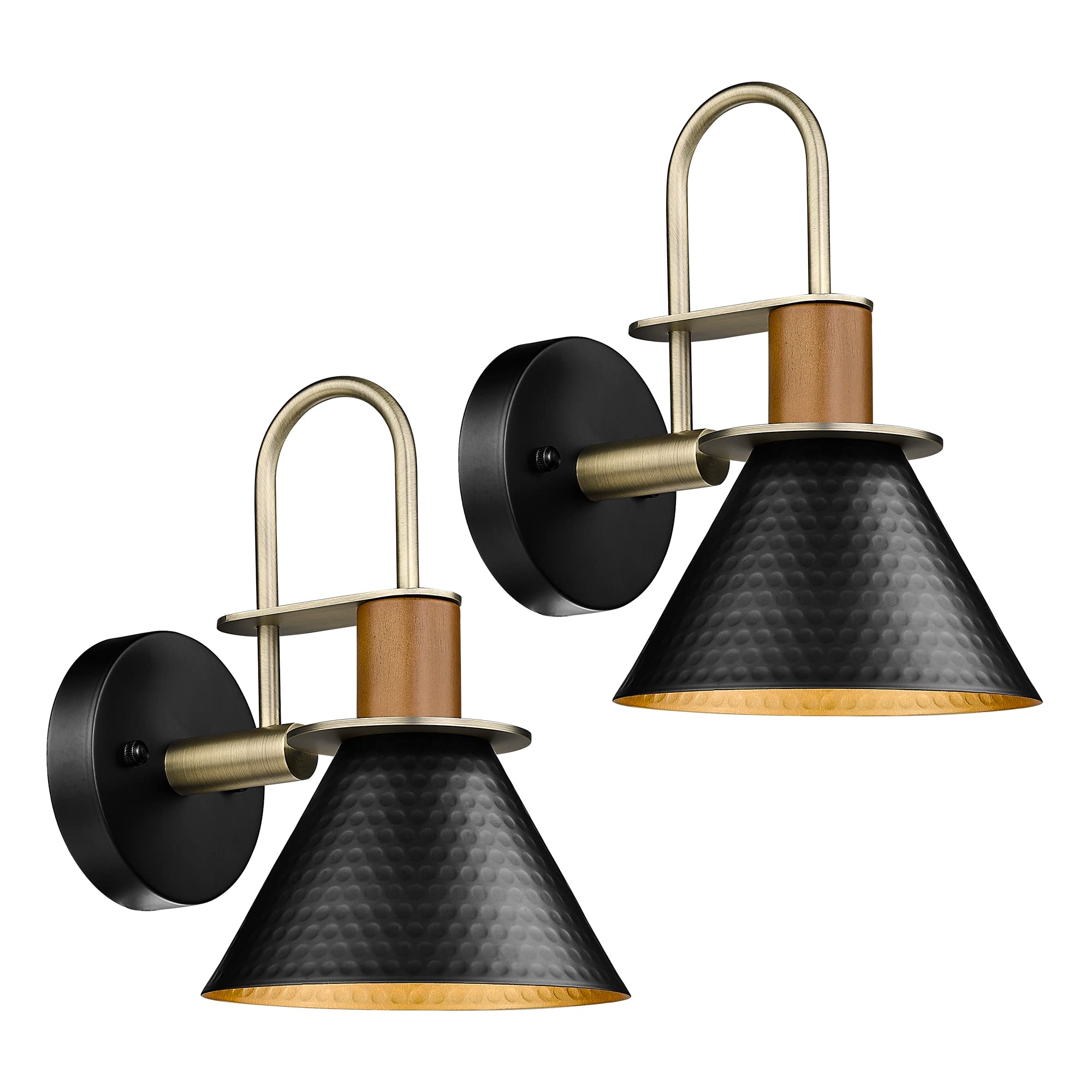 Brass Wall Sconces Set of Two, HWH Industrial Wall Light Fixtures Gold Barn Light, Single Wall Lamp for Bedroom Bedside Bathroom Kitchen, Hammered Metal Shade, Antique Brass, 5HZG74B-2 BG