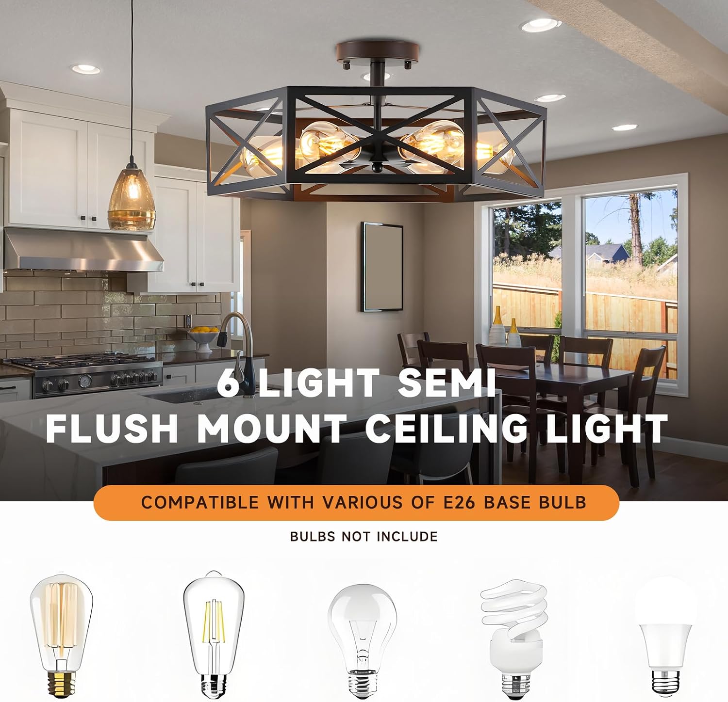Gugxiom 6 Light Semi Flush Mount Ceiling Light, Modern Farmhouse Living Room Light Fixture, Black Light Fixture, Modern Metal Hexagon Cage Ceiling Lamp for Kitchen Bathroom (6