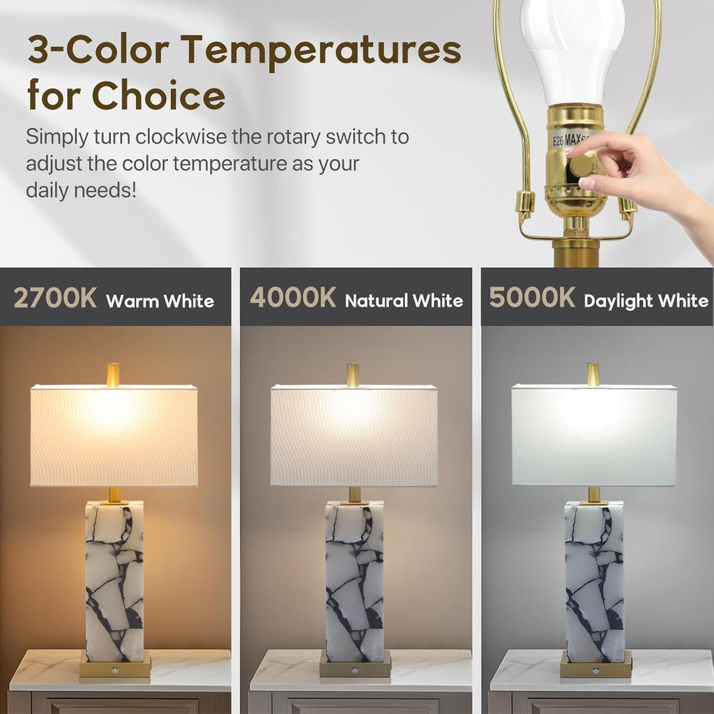 2 Pack Natural Marble Alabaster Table Lamps with USB & 3 Color Nightlight