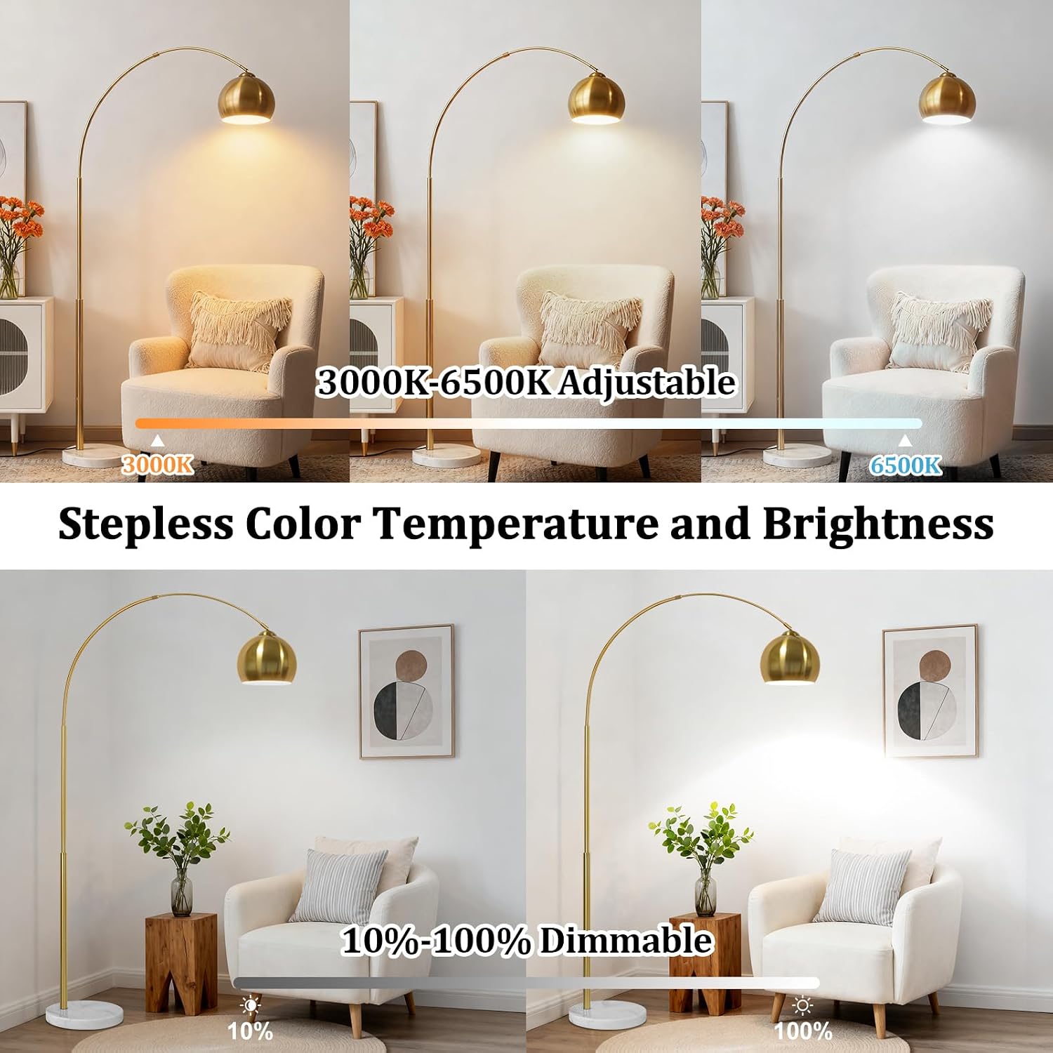77” Arc Floor Lamp for Living Room, Upgraded Gold Standing Lamp with Remote, 3 Color Temperatures & Brightness Adjustable, Modern Arched Floor lamp for Bedroom,Office, Antique Brass, LED Bulb Included