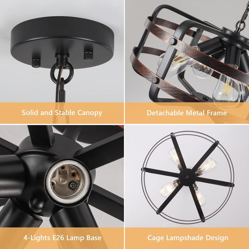 4-Light Black Cage Farmhouse Chandelier