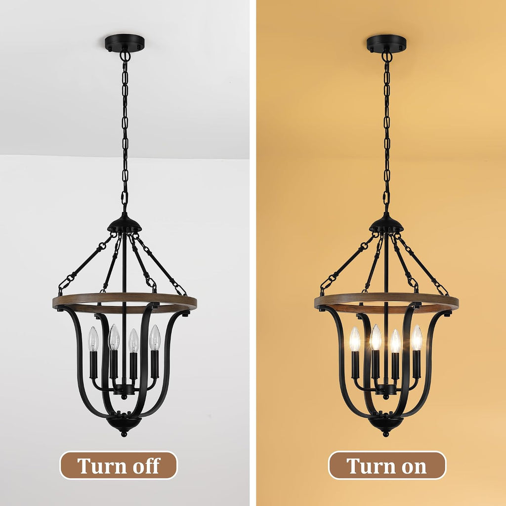 Black Farmhouse Chandelier for Dining Room, 4-Light Rustic Wood Chandelier with Industrial Cage, Pendant Light Fixture for Kitchen Island, Living Room, Entryway, Foyer, Bedroom, Hallway