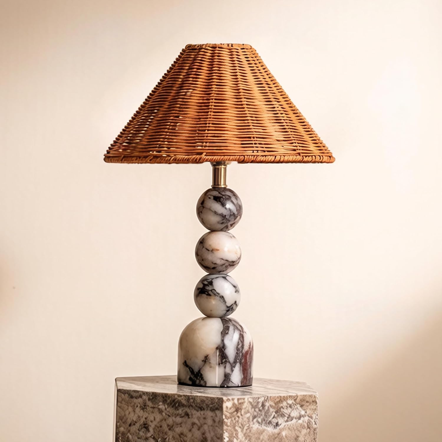 Calacatta Viola Marble Stacked Ball Table Lamp with Rattan Shade
