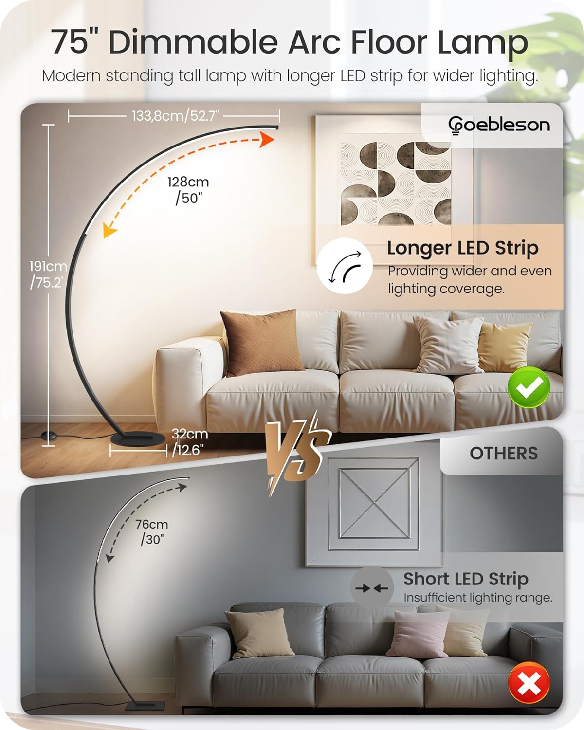 Dimmable LED Arc Floor Lamp with Remote & Foot Switch