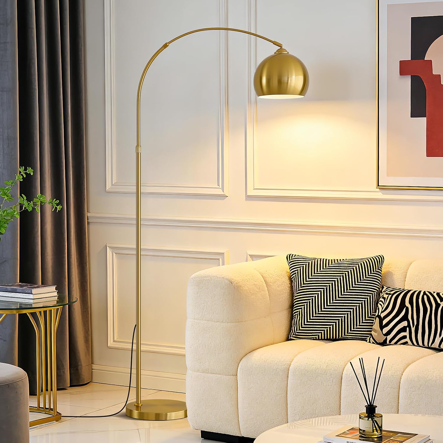 Brushed Gold Arc Floor Lamp 71" Tall, Dimmable 12W LED Smart Standing Lamp with Remote, 360° Rotatable Adjustable Height & Span, Elegant Floor Lamp for Living Room, Bedroom, Office, Library