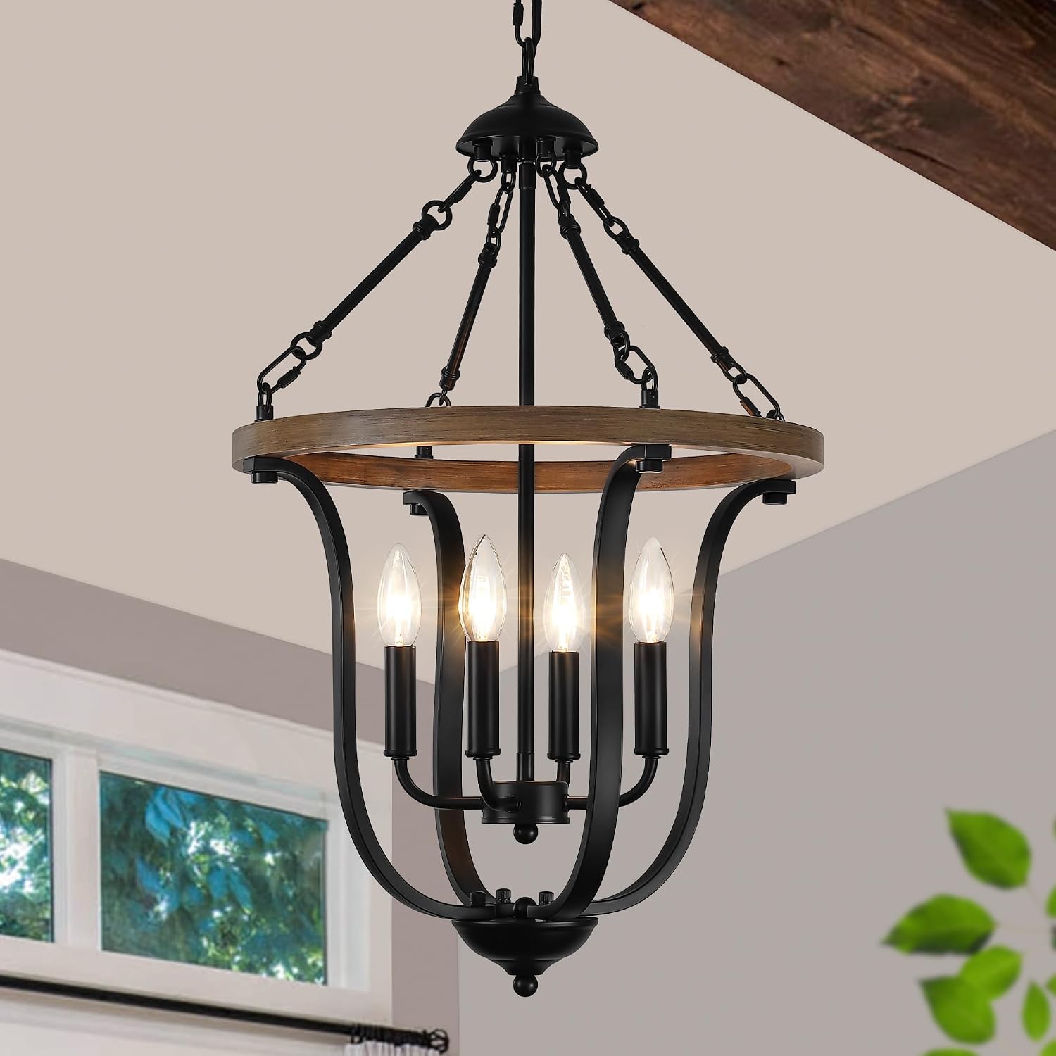 Black Farmhouse Chandelier for Dining Room, 4-Light Rustic Wood Chandelier with Industrial Cage, Pendant Light Fixture for Kitchen Island, Living Room, Entryway, Foyer, Bedroom, Hallway