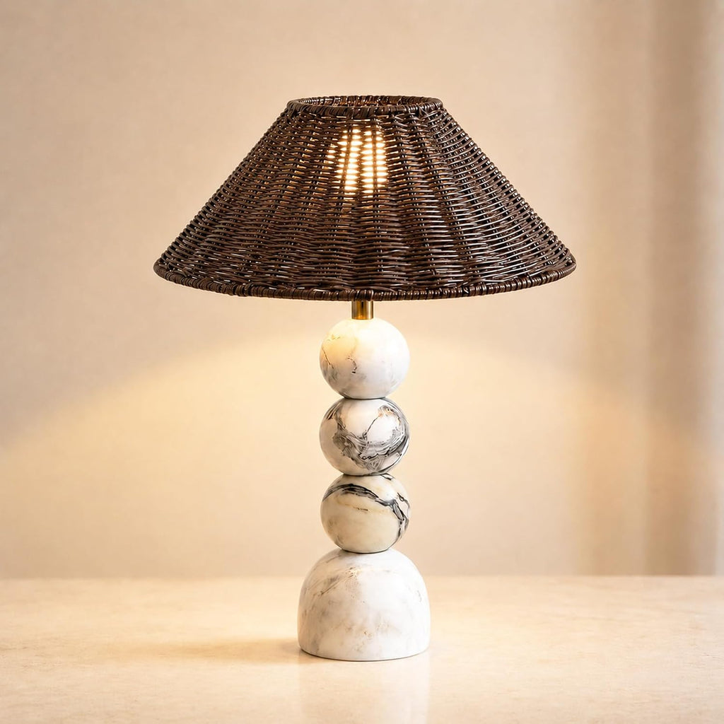 Calacatta Marble Table Lamp with Rattan Wicker Shade, Farmhouse Style