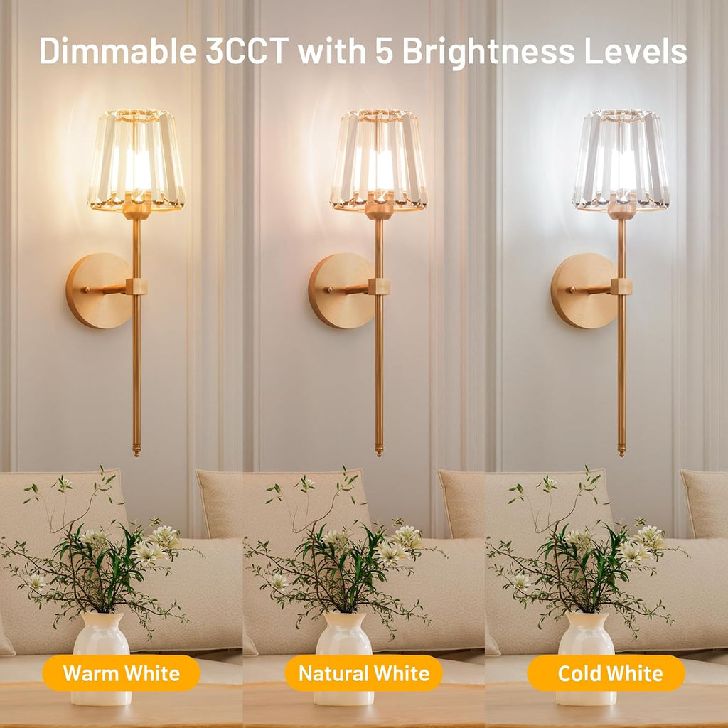 Crystal Battery Operated Wall Sconces Set of 2, Gold Rechargeable Wireless Wall Sconce Lights with Crystal Lampshade, 12 RGB and 3CCT Dimmable Wall Lamps with Remote for Bedroom Living Room Hallway
