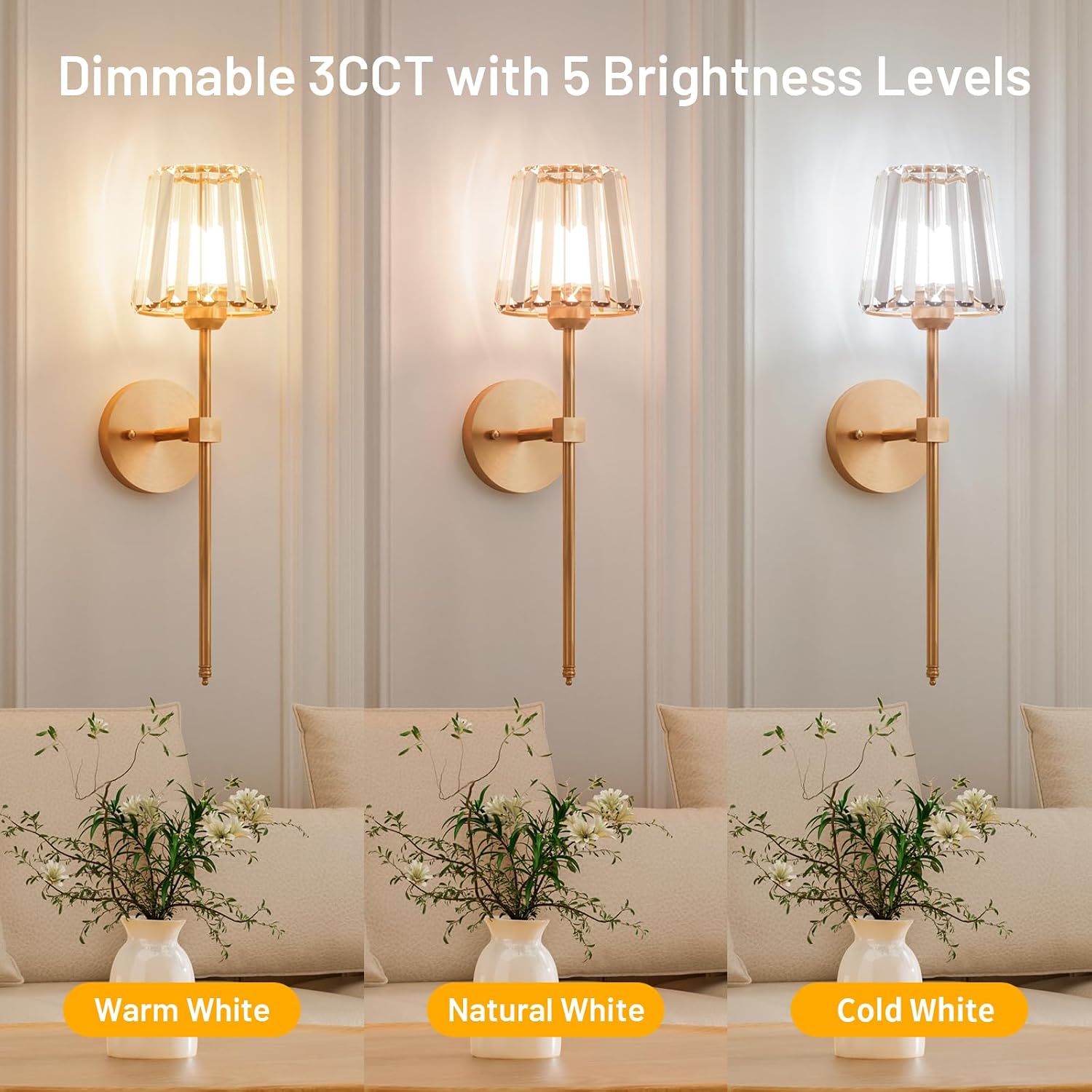 Crystal Battery Operated Wall Sconces Set of 2, Gold Rechargeable Wireless Wall Sconce Lights with Crystal Lampshade, 12 RGB and 3CCT Dimmable Wall Lamps with Remote for Bedroom Living Room Hallway