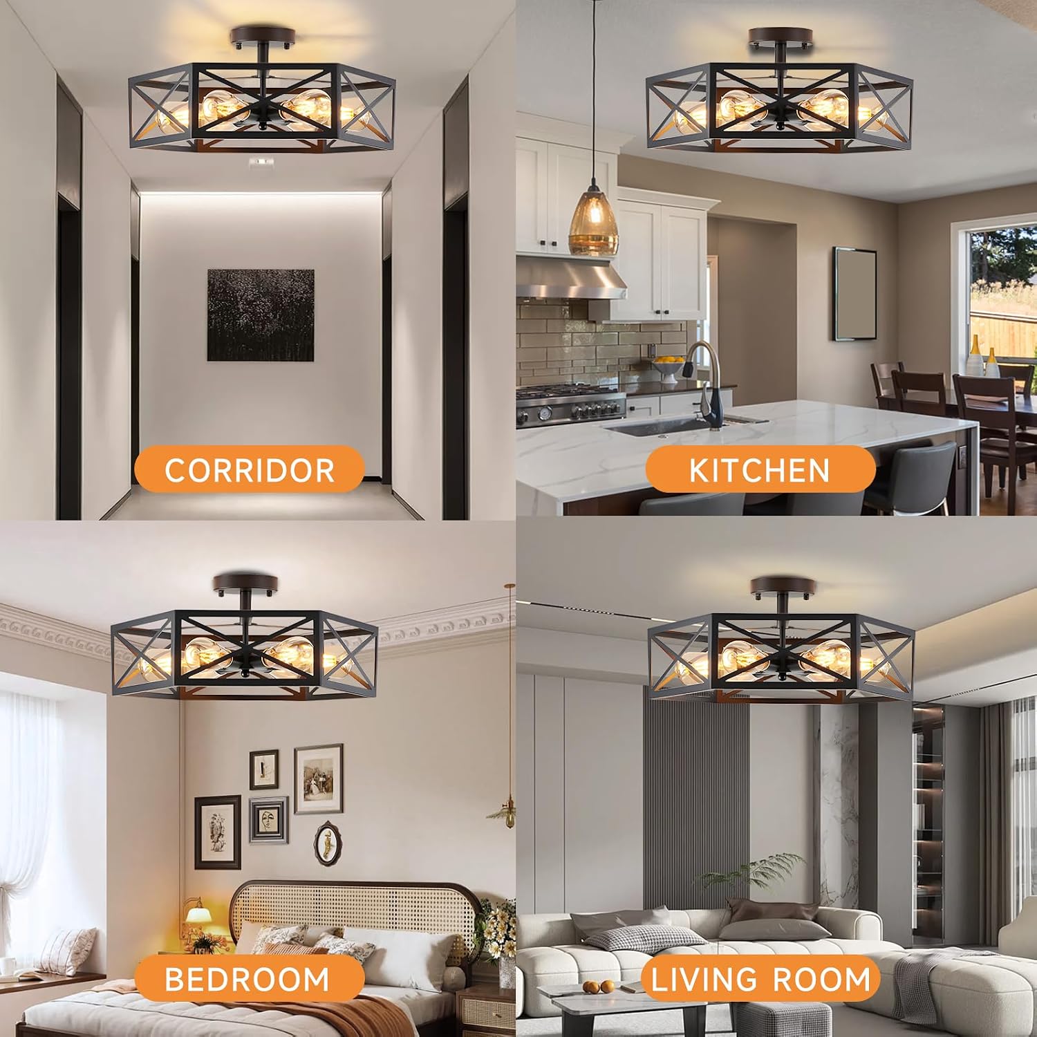 Gugxiom 6 Light Semi Flush Mount Ceiling Light, Modern Farmhouse Living Room Light Fixture, Black Light Fixture, Modern Metal Hexagon Cage Ceiling Lamp for Kitchen Bathroom (6