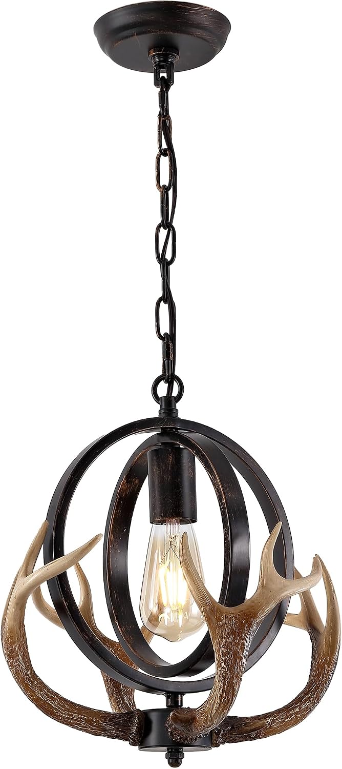 Antler Globe Chandelier, 11.8" Rustic Metal Cage Pendant Light with Resin Antlers, Industrial Farmhouse Hanging Ceiling Light Fixture for Kitchen Island, Dining Room, Entryway, E26 Base, Brown