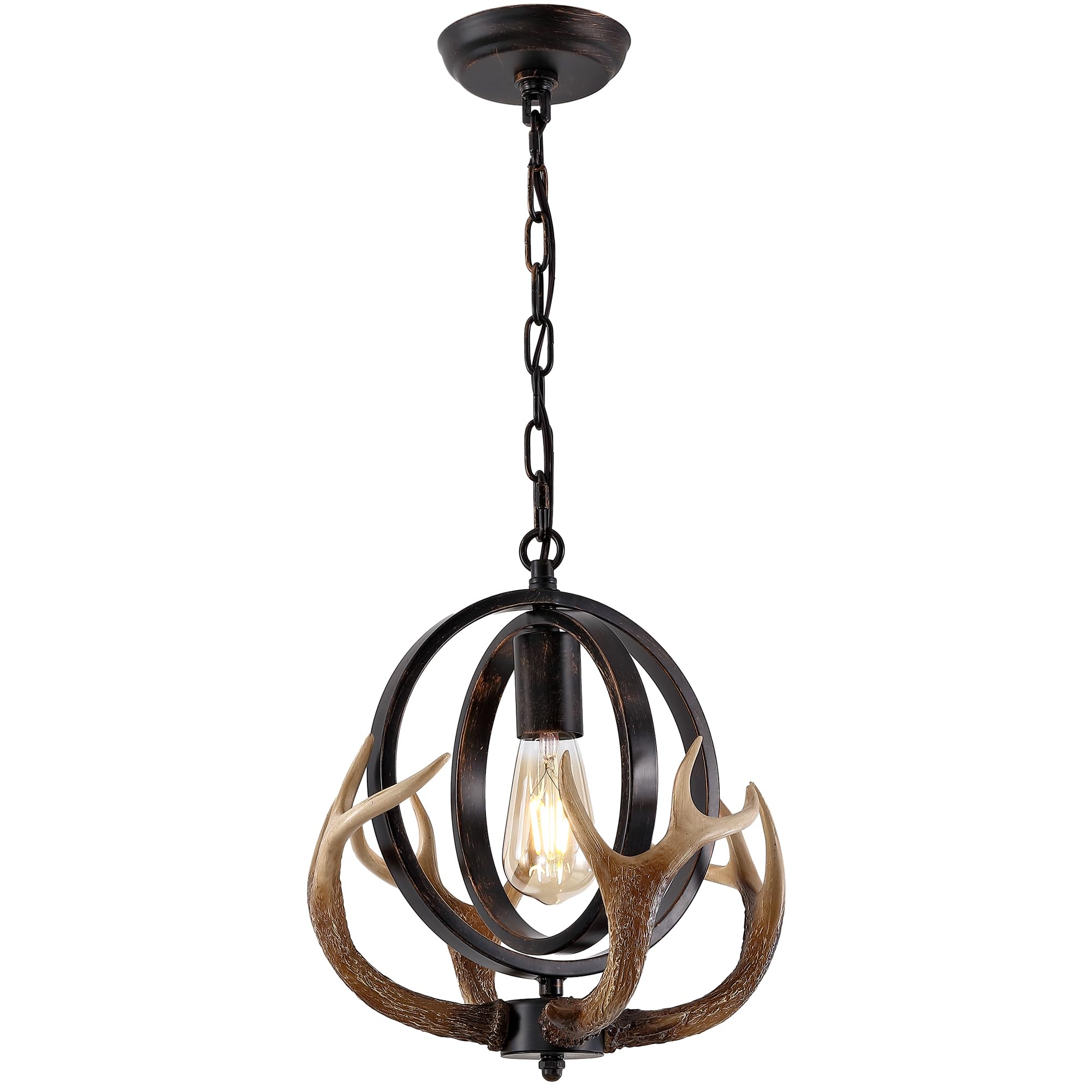 Antler Globe Chandelier, 11.8" Rustic Metal Cage Pendant Light with Resin Antlers, Industrial Farmhouse Hanging Ceiling Light Fixture for Kitchen Island, Dining Room, Entryway, E26 Base, Brown