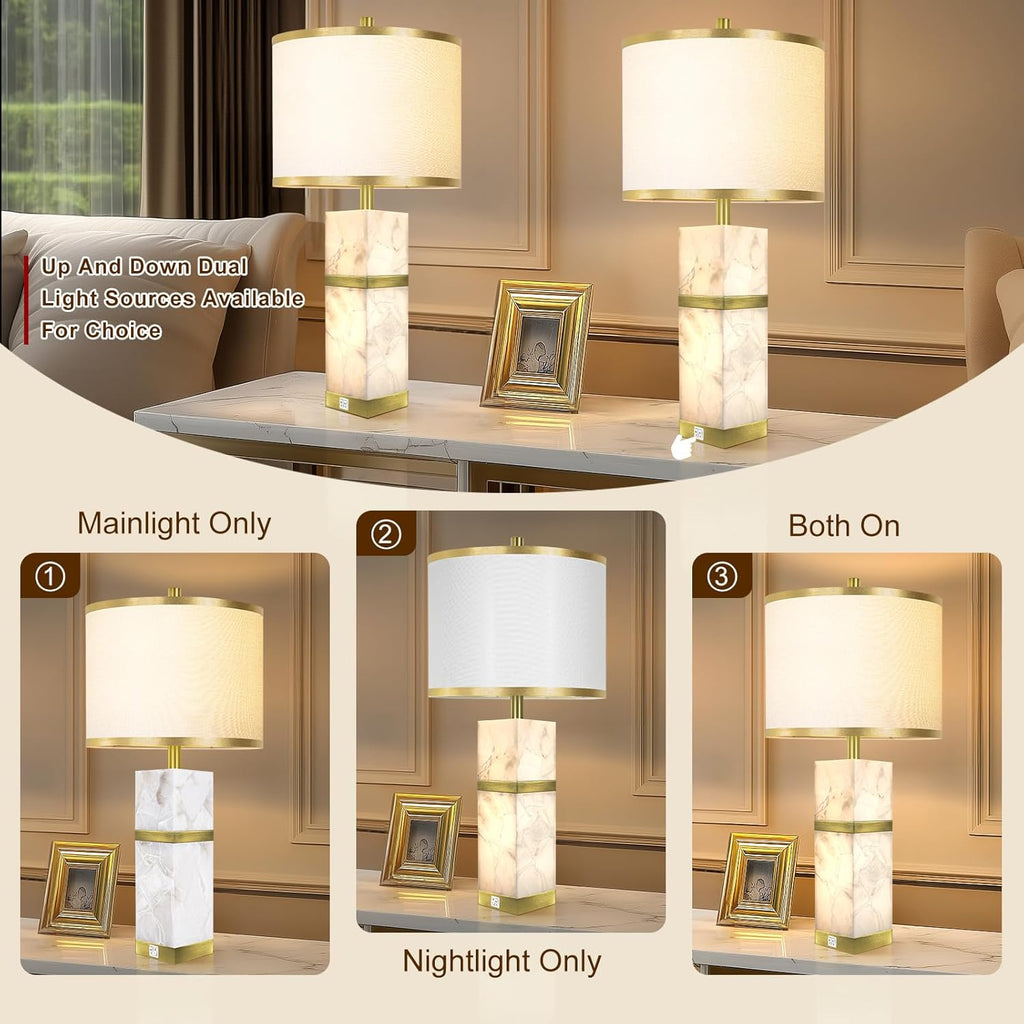 2 Pack Natural Alabaster Table Lamps with USB & Night Light Linen Shade