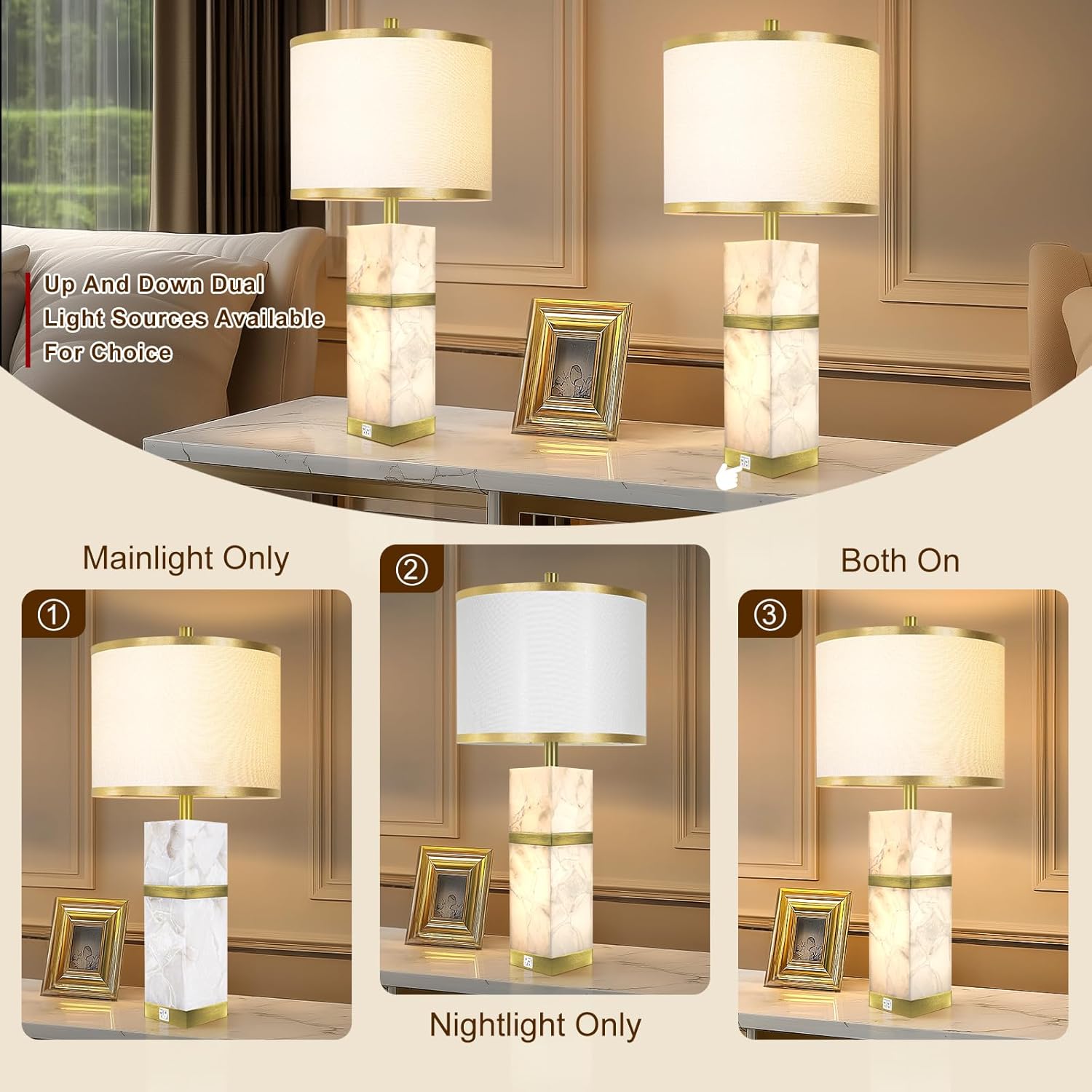 2 Pack Natural Alabaster Table Lamps with USB & Night Light Linen Shade