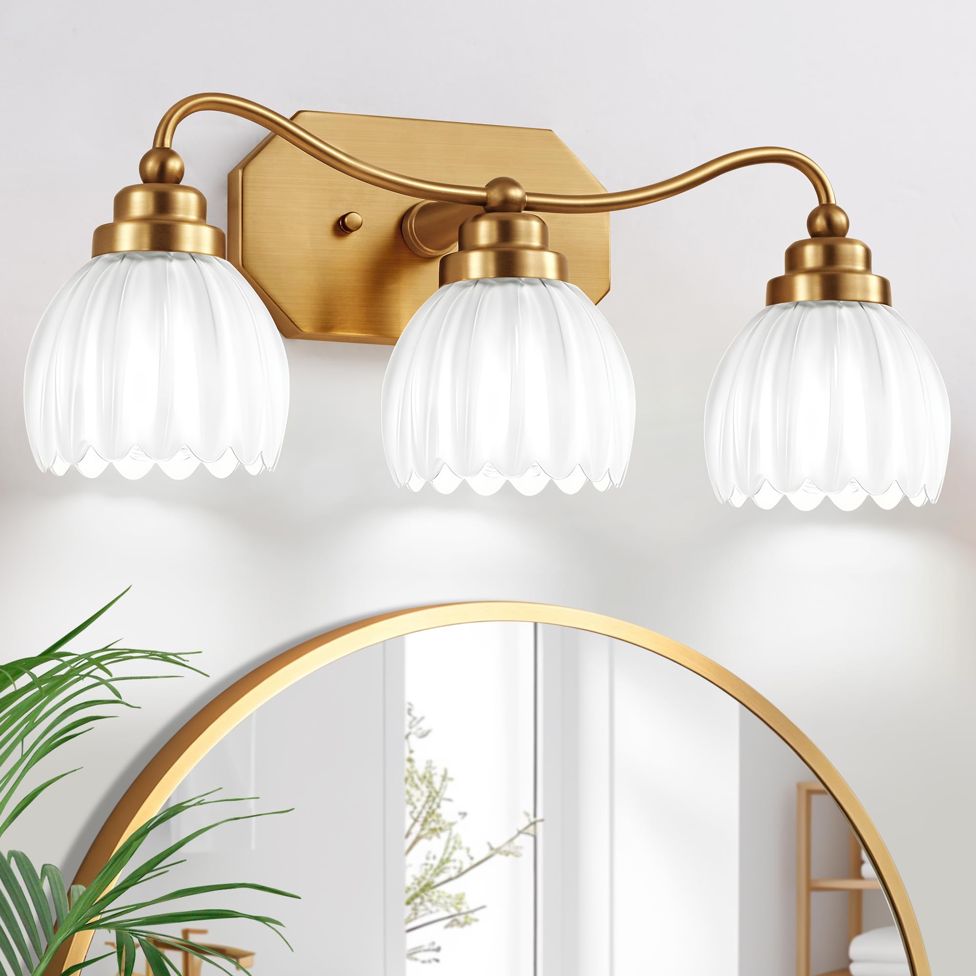 Vintage Bathroom Light Fixtures, Gold Bathroom Vanity Light, Matte Antique Brass Finish with Crystal Glass Shade, Wall Sconces Lighting for Bedroom, Living Room, Hallway (Gold, 3-Light)