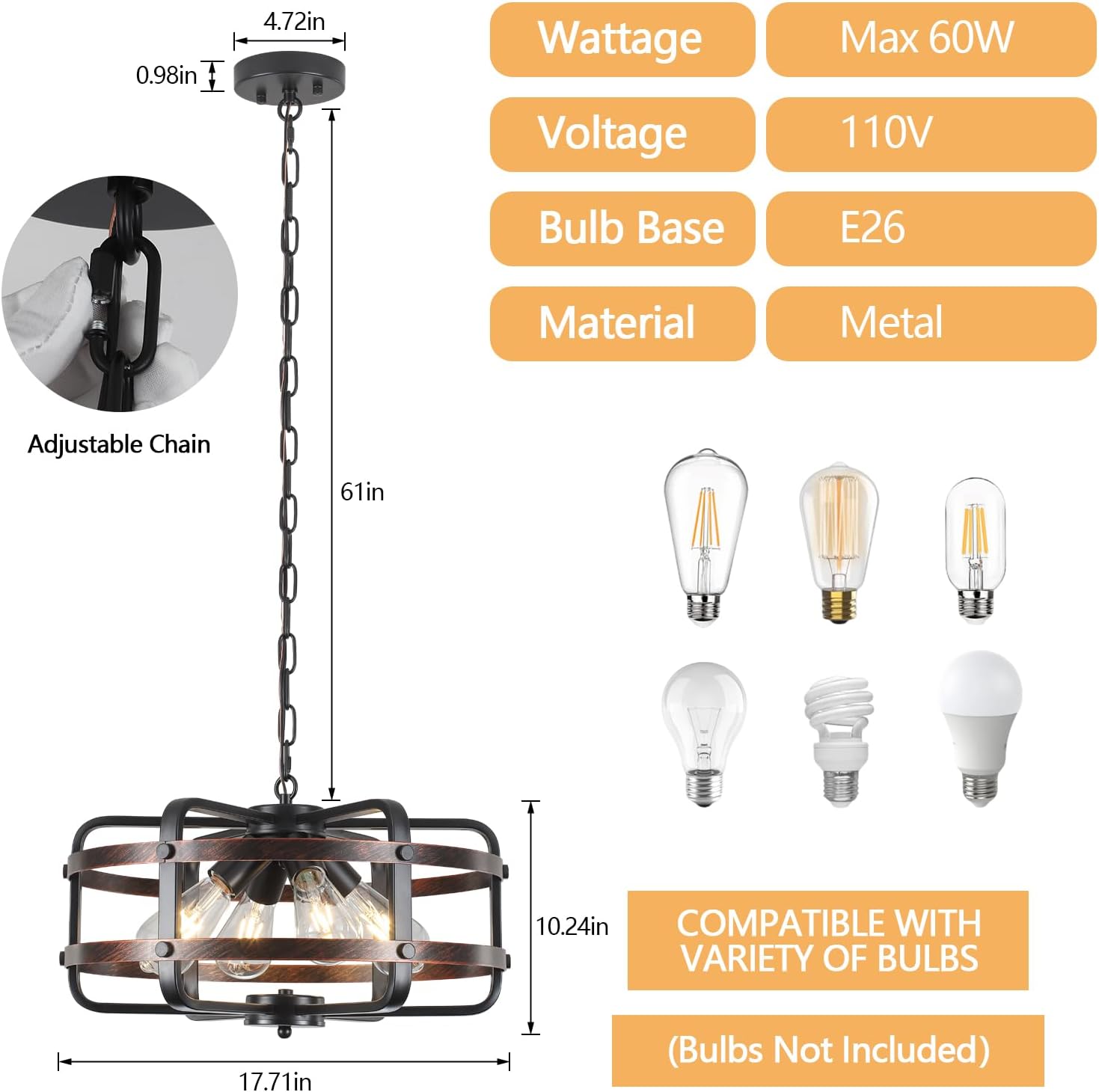 4-Light Black Cage Farmhouse Chandelier
