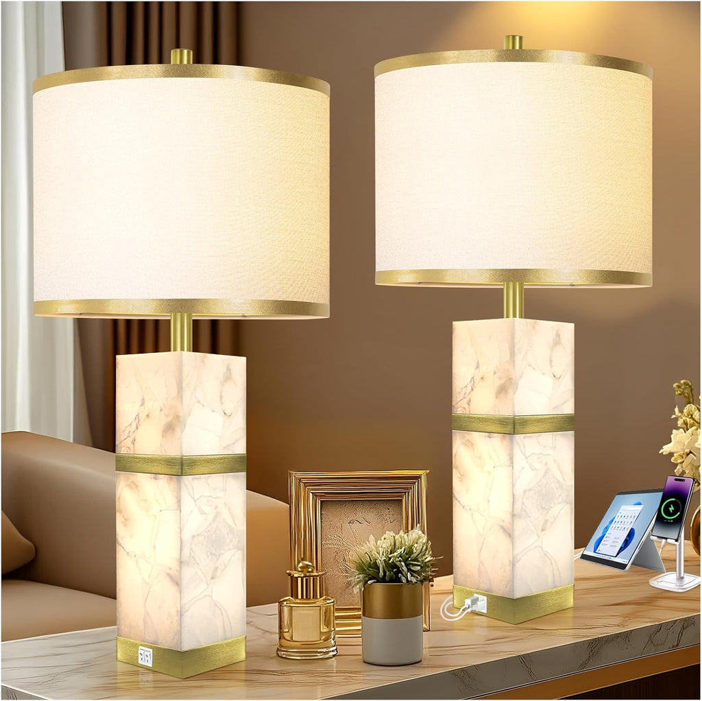 2 Pack Natural Alabaster Table Lamps with USB & Night Light Linen Shade