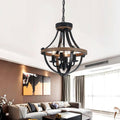 Black Farmhouse Chandelier for Dining Room, 4-Light Rustic Wood Chandelier with Industrial Cage, Pendant Light Fixture for Kitchen Island, Living Room, Entryway, Foyer, Bedroom, Hallway