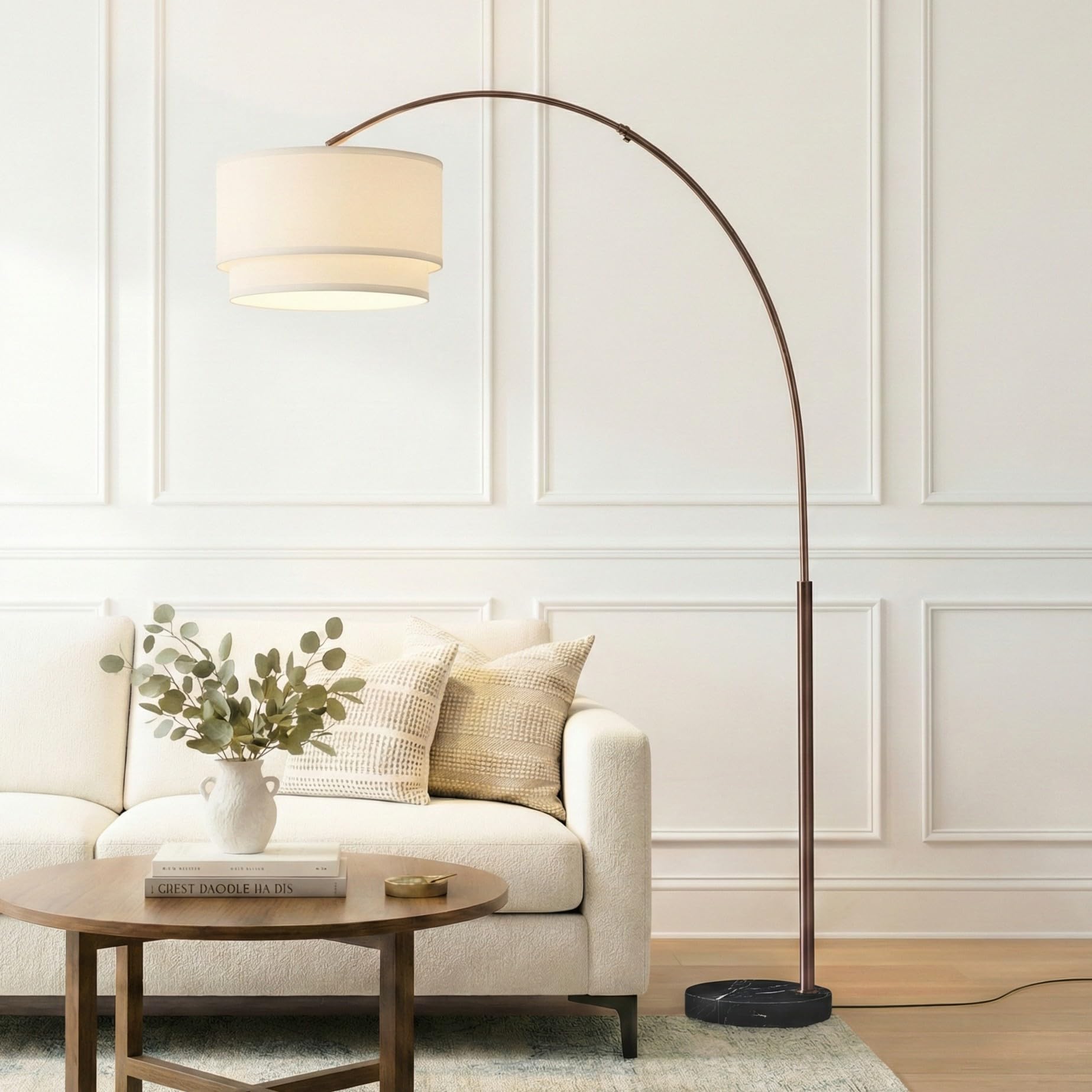 Brightech Mason Arc Floor Lamp - Modern Corner Standing Lamp with Unique Hanging Drum Lamp Shade for Living Room - Bright Overhead, Curved Hanging Light for Bedroom. Library, Den - Nickel