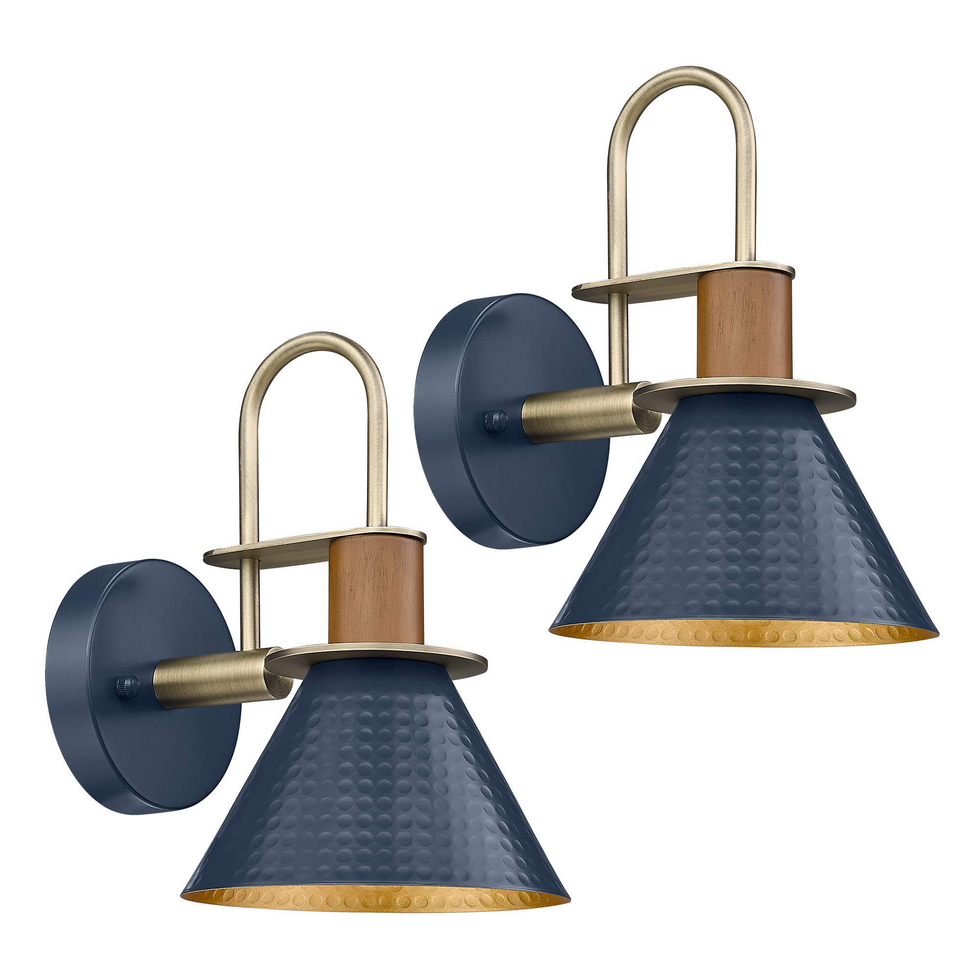 Brass Wall Sconces Set of Two, HWH Industrial Wall Light Fixtures Gold Barn Light, Single Wall Lamp for Bedroom Bedside Bathroom Kitchen, Hammered Metal Shade, Antique Brass, 5HZG74B-2 BG