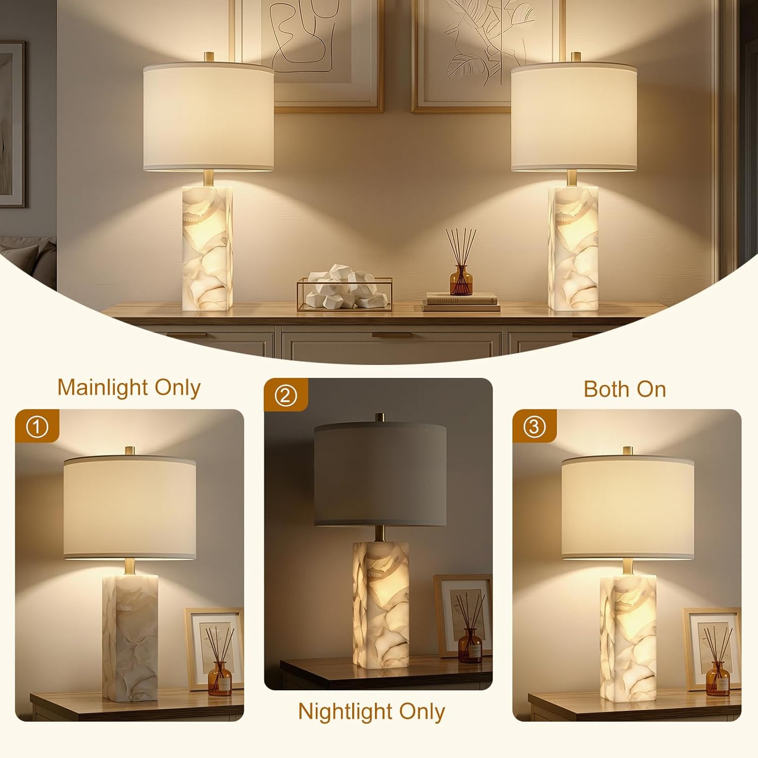 2 Pack Alabaster Linen Shade Table Lamps